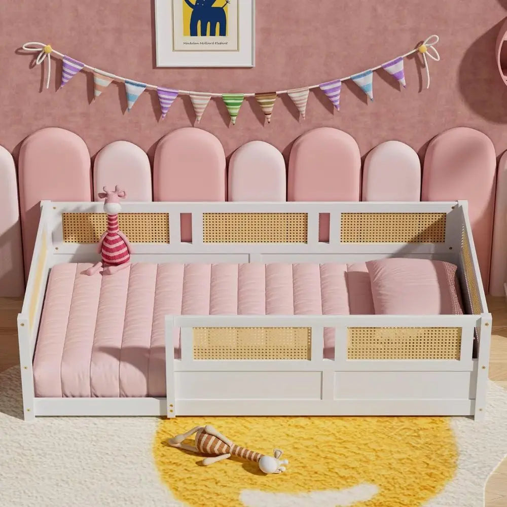 Twin Size Rattan High-End Platform Bed with Slats, Suitable for Children and Teens, White