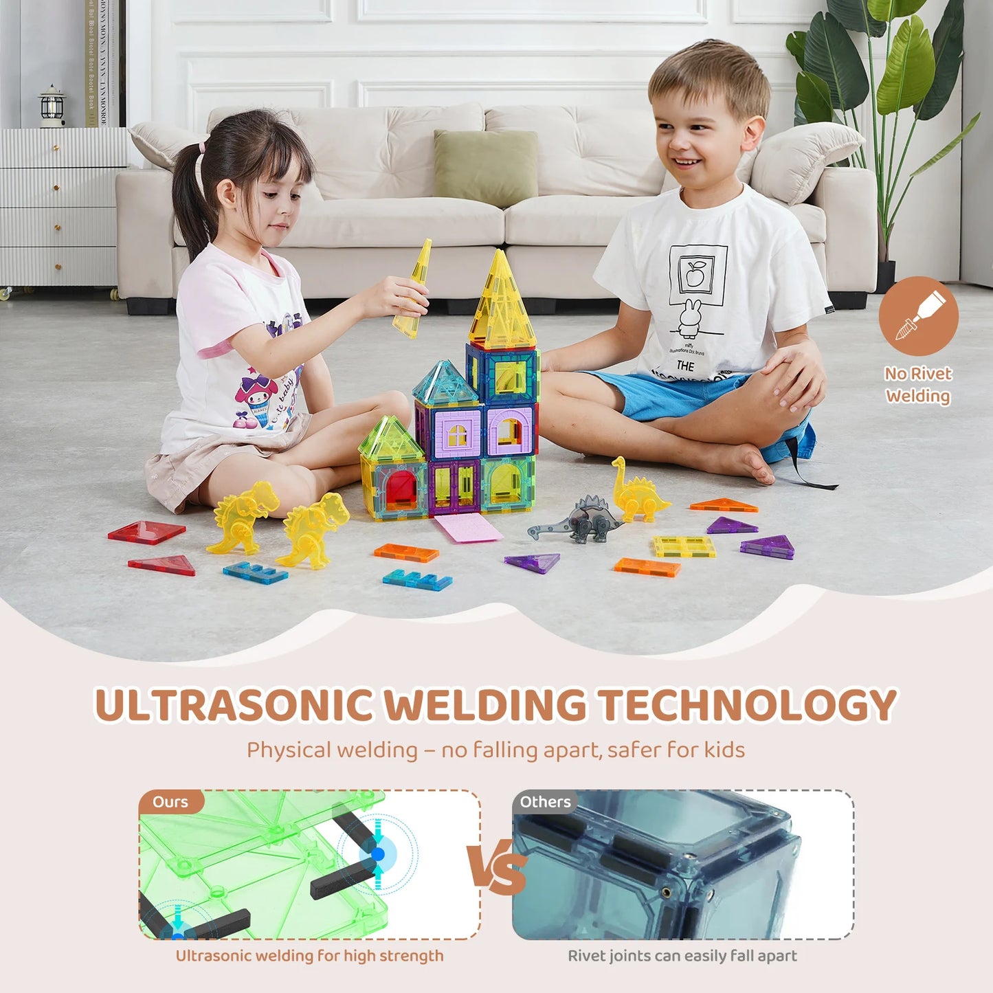 56PCS Magnetic Tiles Magnet Building Blocks with 4 Dinosaurs Construction Stacking Stem Educational Toys for Kids