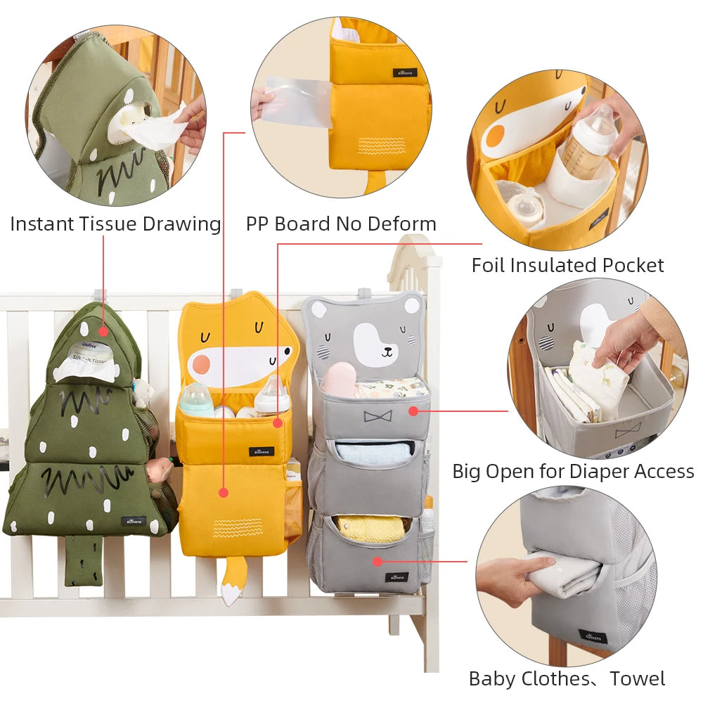 Cartoon Baby Crib Hanging Storage Bag, Multi-functional Organizer for Baby Supplies Baby Room Decor