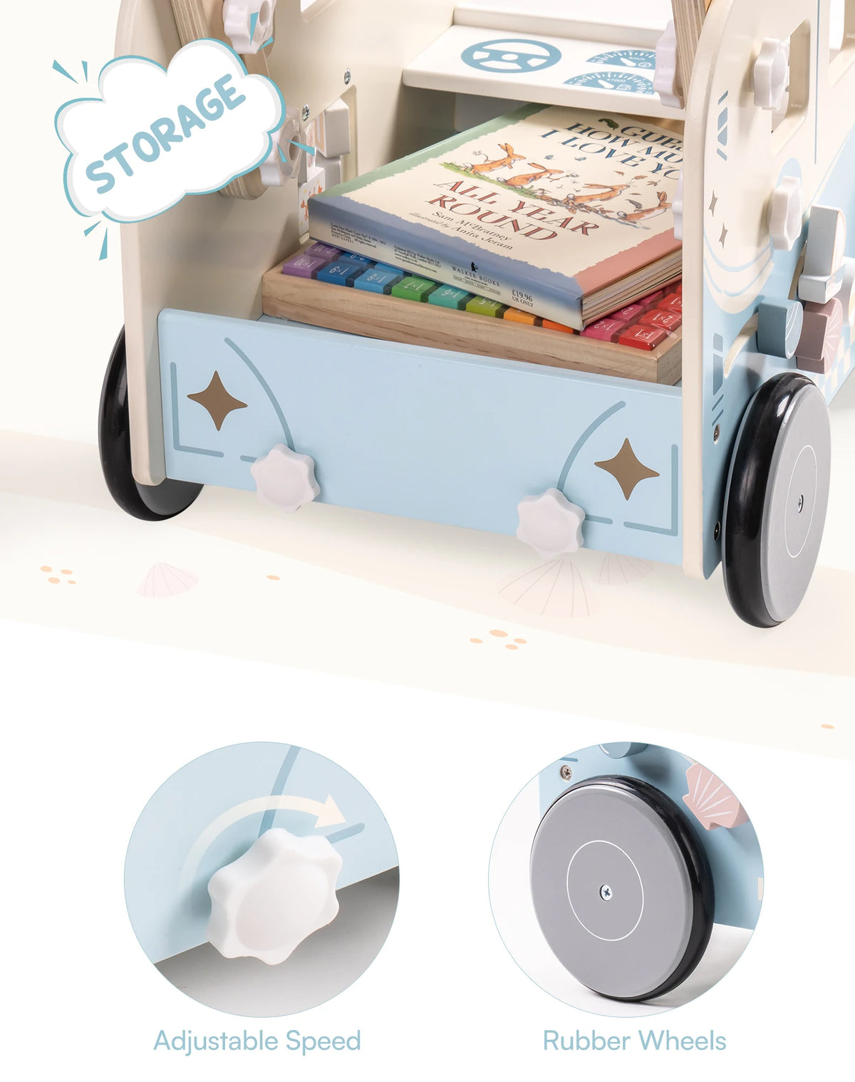 Blue Bus Baby Theme Activity Walker Push Walker Develop Motor Skills Imagination Perfect Birthday Gift for Toddlers
