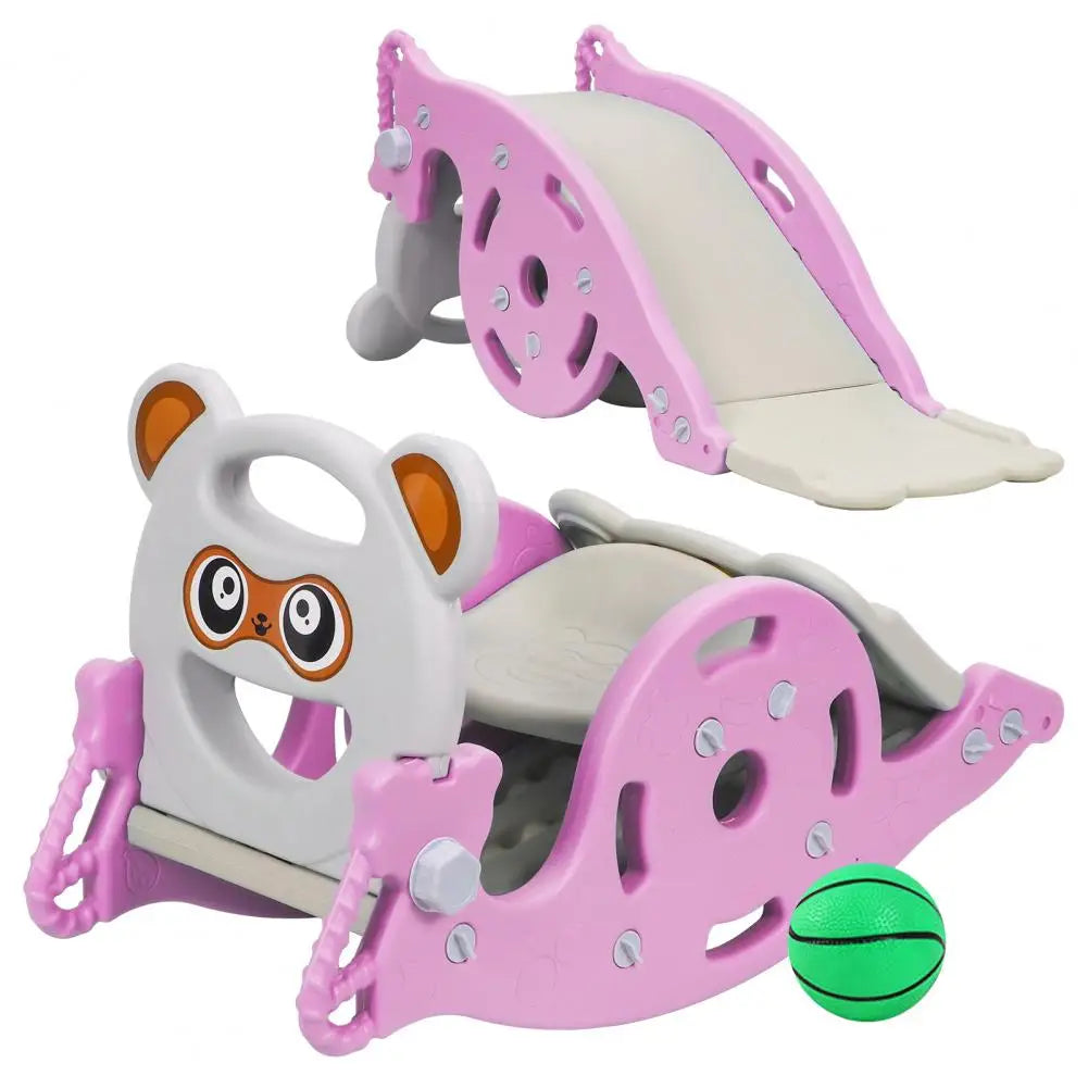 4-in-1 Kids Slide Rocking Toy, Portable Combination Slide for Age 1-6 Boys Girls, Rocking Horse with Basketball Hoop Toy Slide