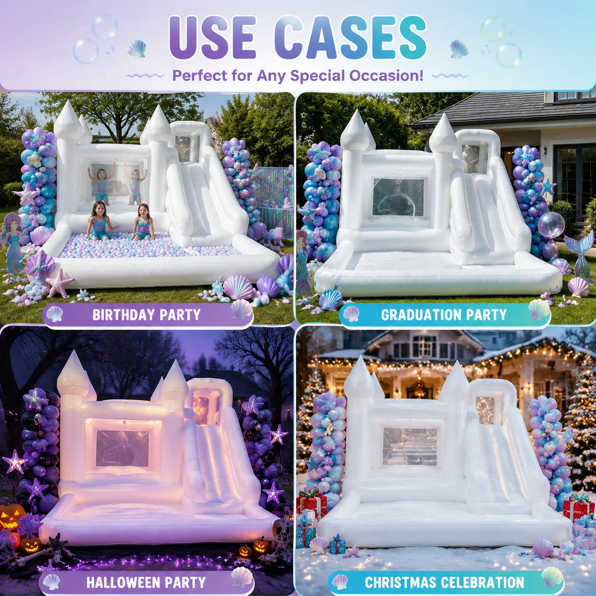 14FT Spire-Top Inflatable Bounce House White with Slide Large Ball Pit Middle Play Zone Portable Bouncy Castle for Kids Birthday/Party