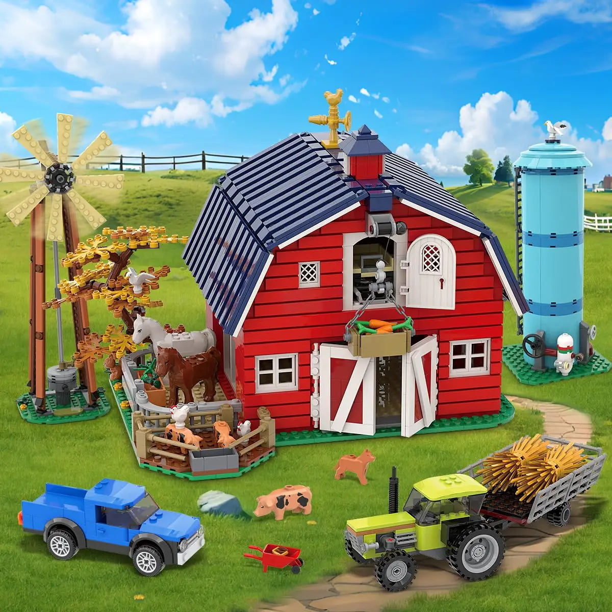 Farm Barn Building Set with Light-with Windmill Tractor Horse Animals Big Barn Construction Toy Brick Kit for Adults Teens 8+