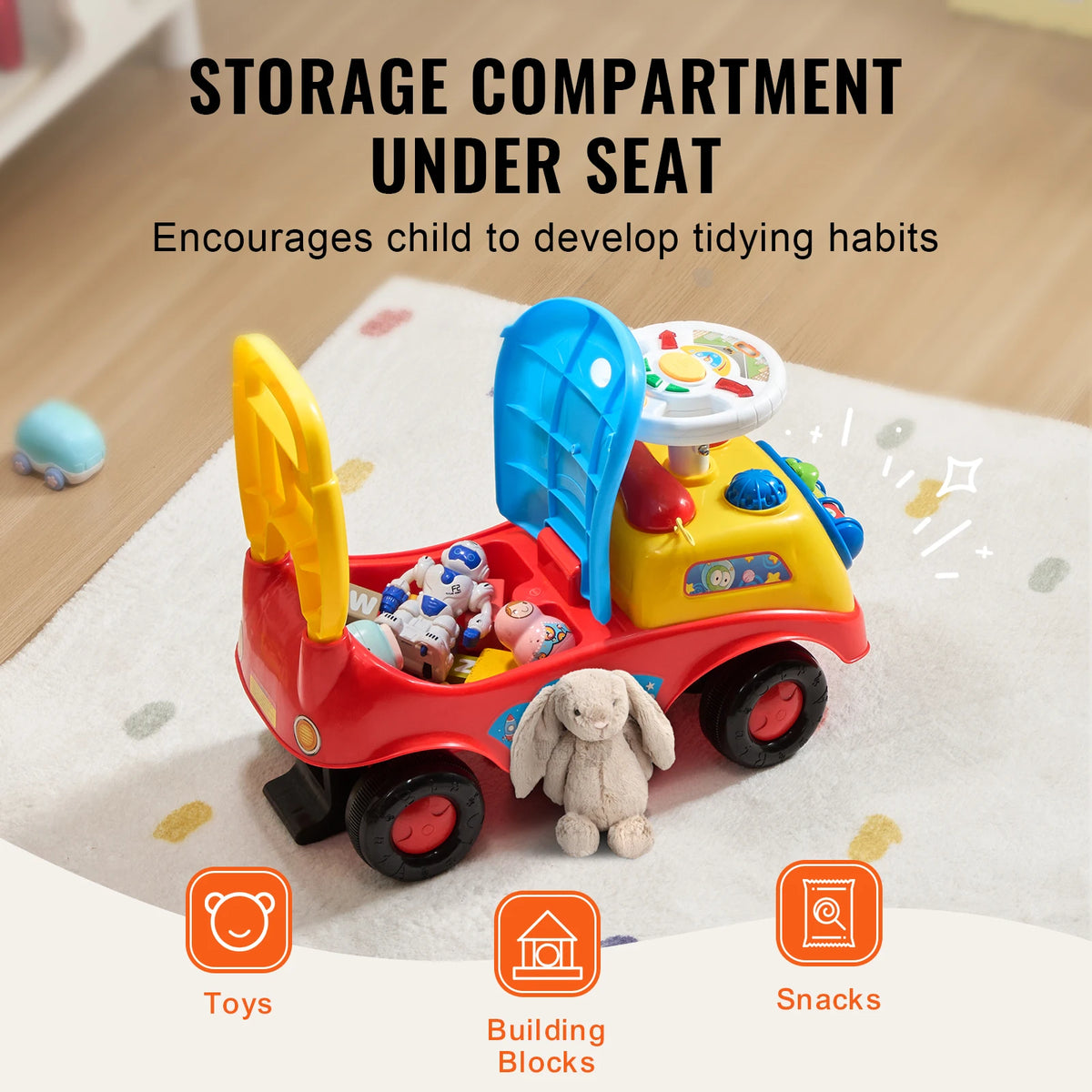 Toddler Ride On Push Car Sit to Stand Kids Ride On Toy Car with Music Steering Wheel Seat Storage for Toddlers
