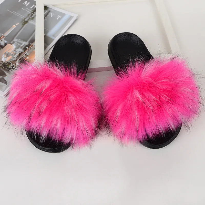 Children Slides Faux Fox Fur Slippers Kids Fluffy Raccoon Sandals Fashion Furry Home Flat Flip Flops Baby Girls Cute Plush Shoes