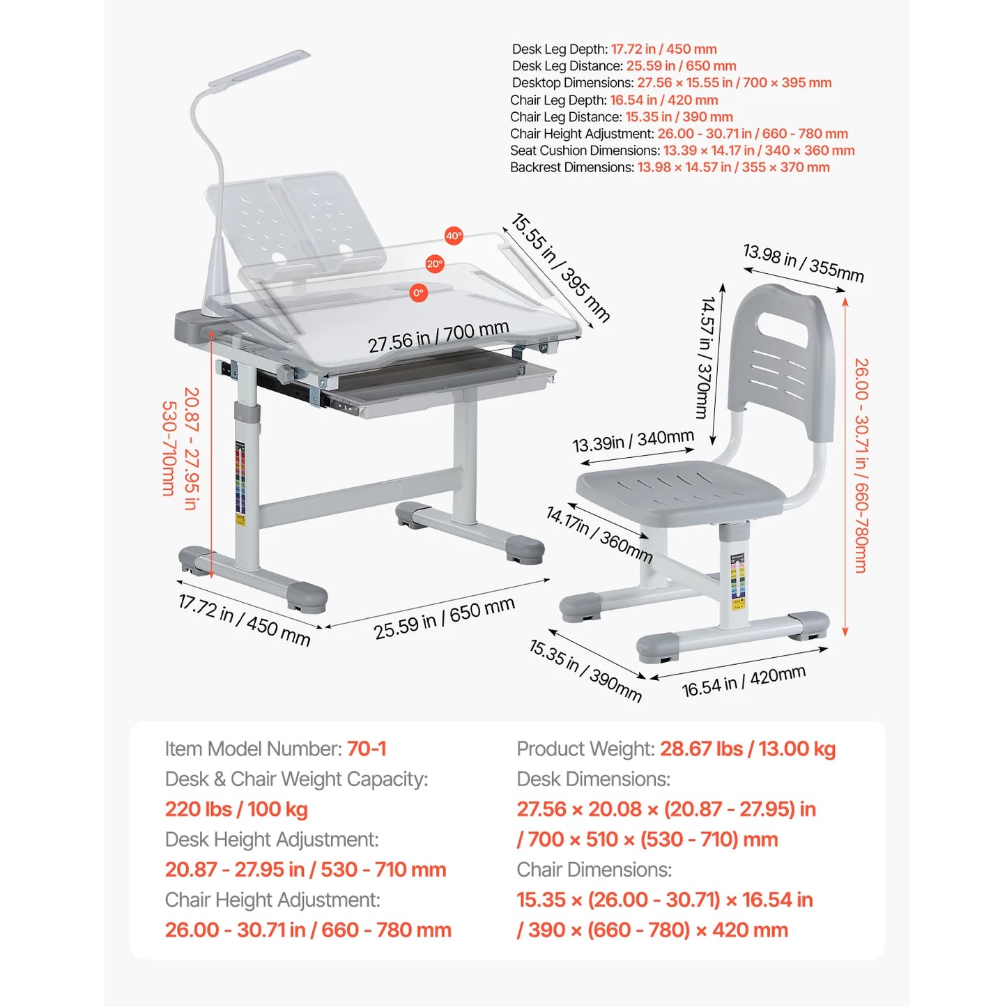 Kids Study Chair and Desk Set Study Desk and Chair for Kids with Table Lamp Adjustable Height  for Bedroom & Study Room