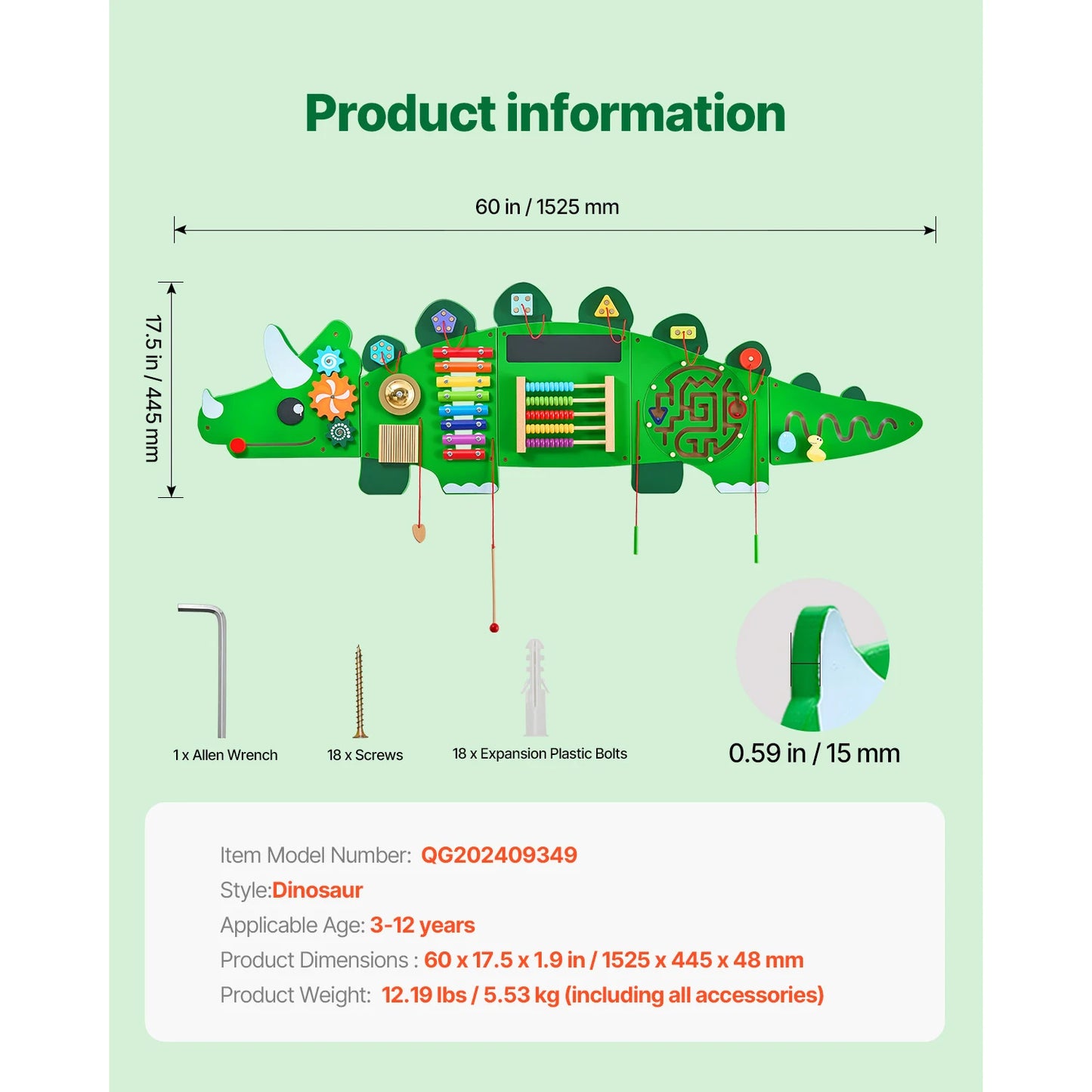 Dinosaur Kids Busy Wall Board 11 Activity Panels Montessori Sensory Learning Toys for Toddler Playroom Toy Gift
