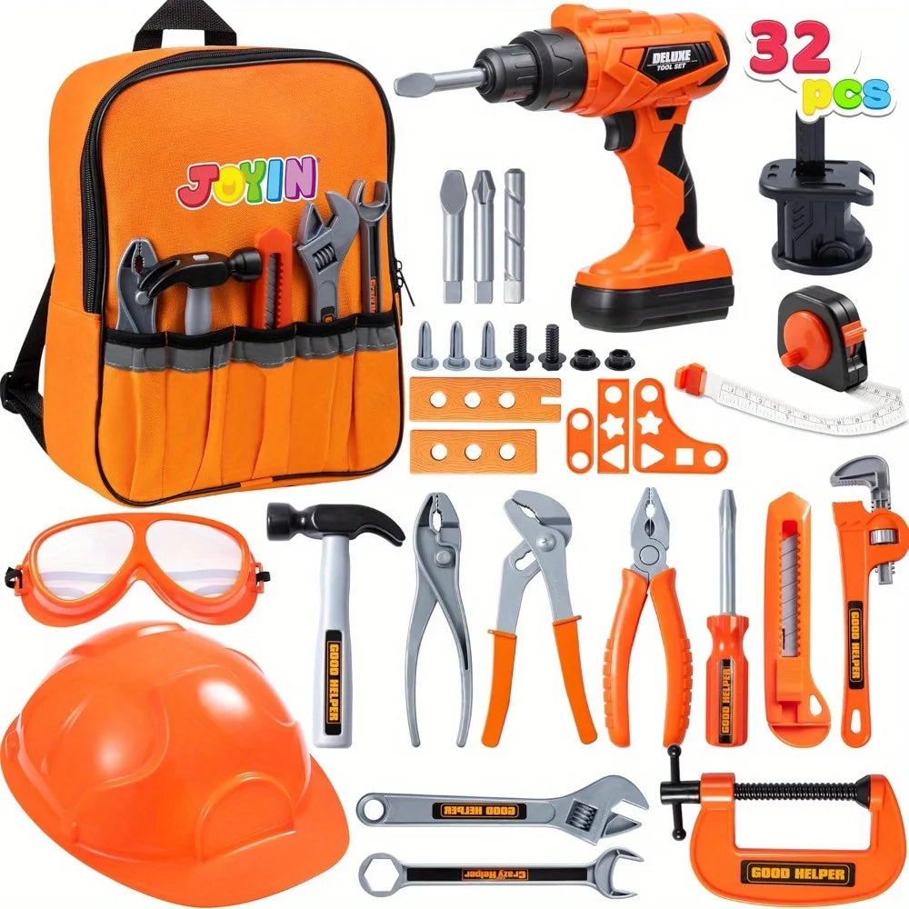 32PCS Kids Tool Set Pretend Play Toddler Tool Toys with Construction Backpack Costume for Boy Girl Birthday