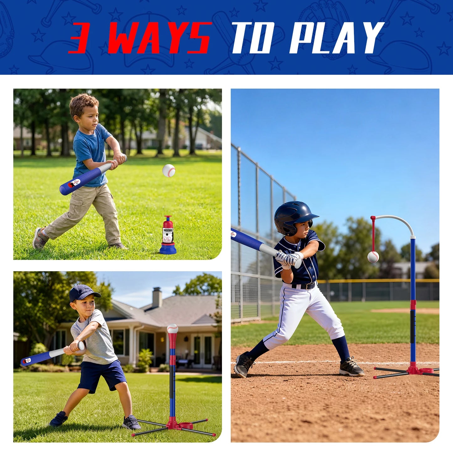 3-in-1 Baseball Set for Kids with Auto Pitching Machine | Tee Ball Stand, Hanging Tee, Ball Launcher and 6 Softballs - Adjustable Height, Indoor/Outdoor Sport Gifts for Boys Girls