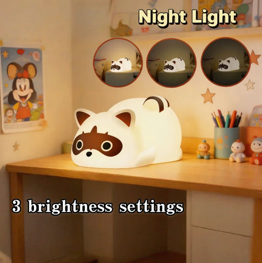 Portable Rechargeable Night Light, Silicone Raccoon Touch Control Lamp with 3 Dimmable Modes,Bedside Lamp Cute Gift