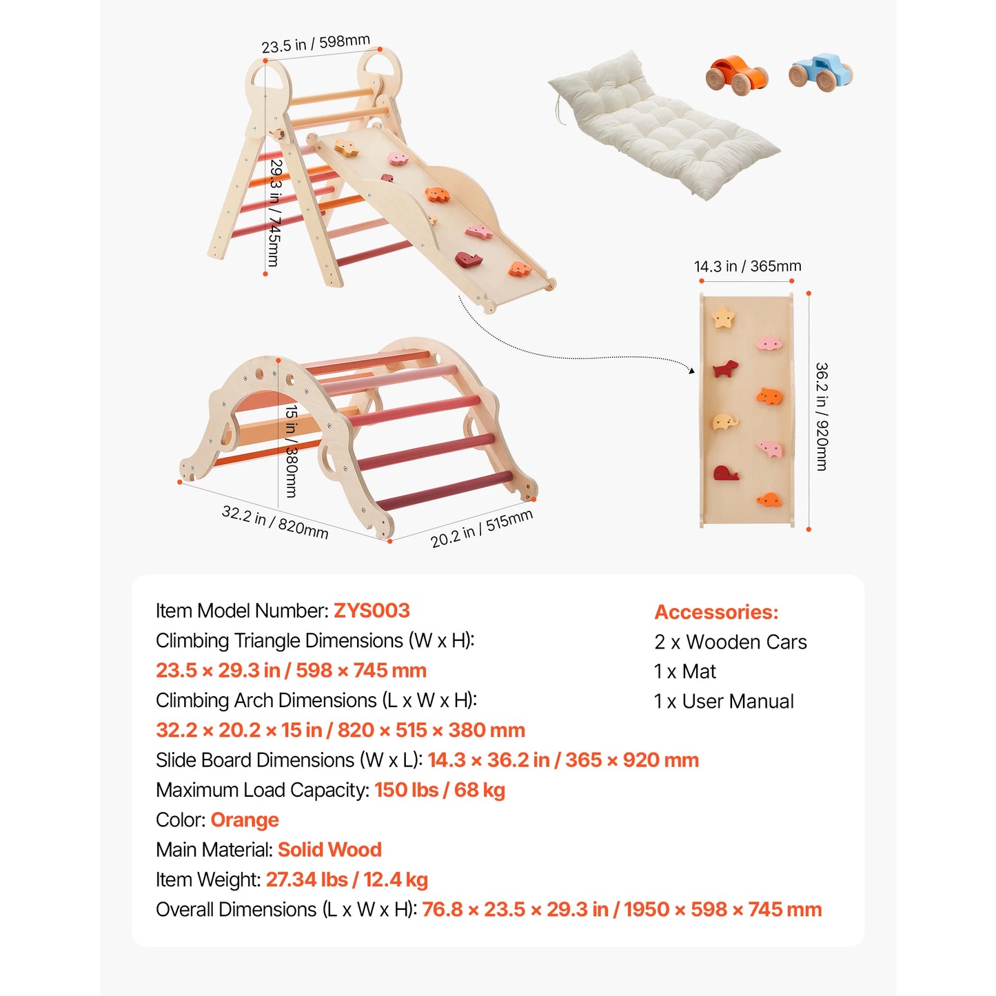 SucceBuy 150 lbs Pikler Triangle Set 9-in-1 Toddler Climbing Toys Indoor with Cushion Triangle Arch and Ramp for Toddlers Kids