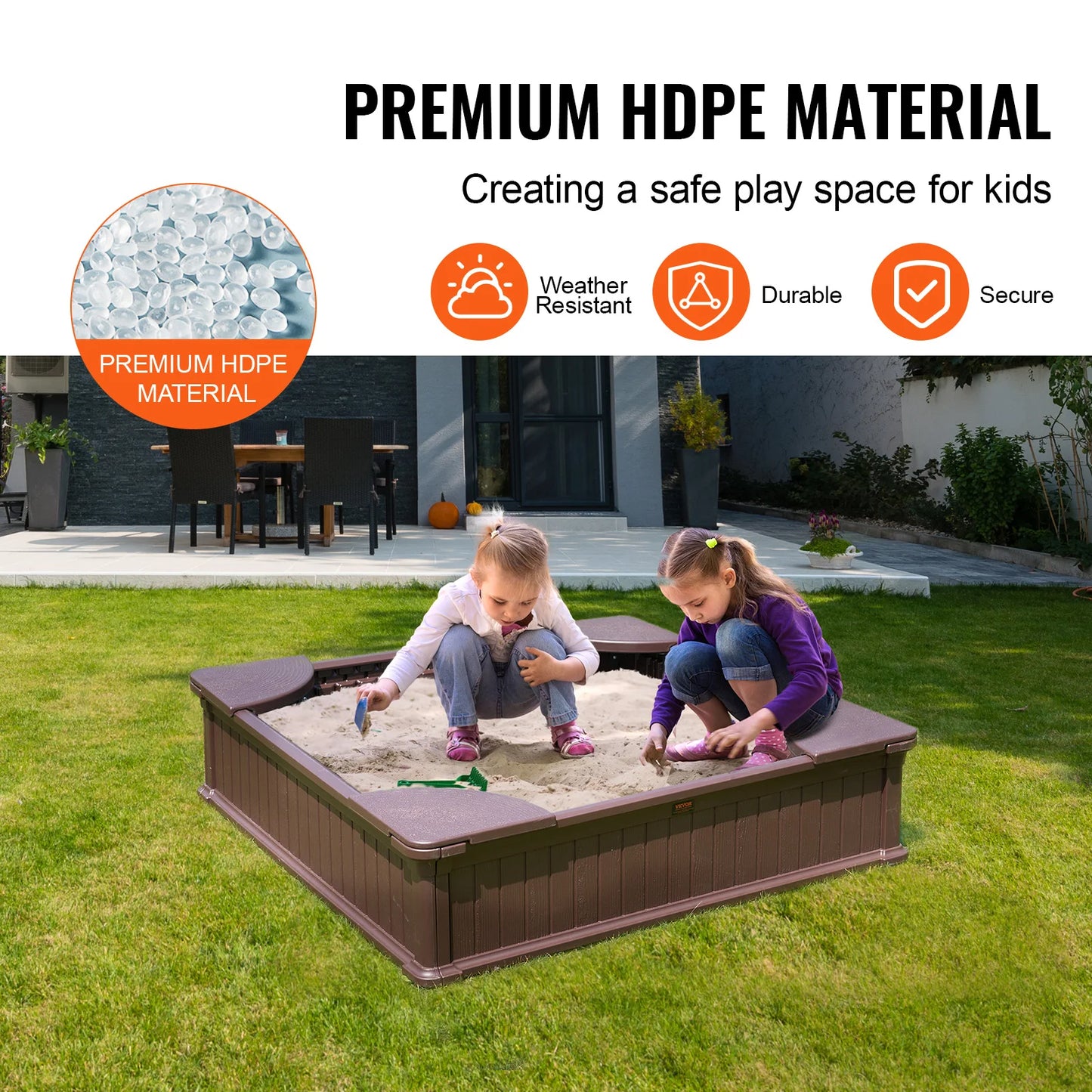 SucceBuy Sandbox with Cover in Square Sand Box Sand Pit with 4 Corner Seating and Bottom Liner Kids Sandbox for Outdoor for Kids