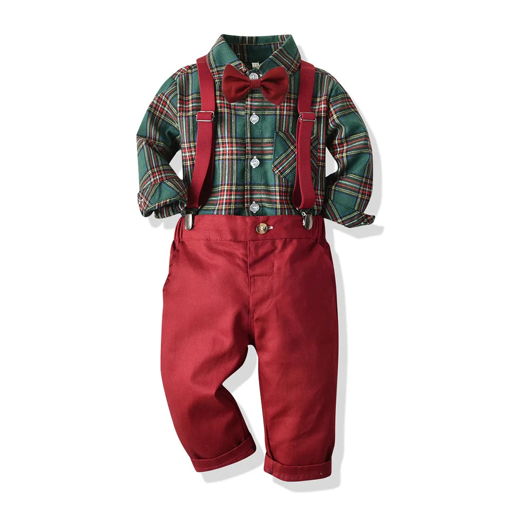 Toddler Boy Christmas Gentleman Outfit Toddler Kid Party Costume Suspender 4PCS Autumn Winter Clothes Baby Cotton Boutique Set