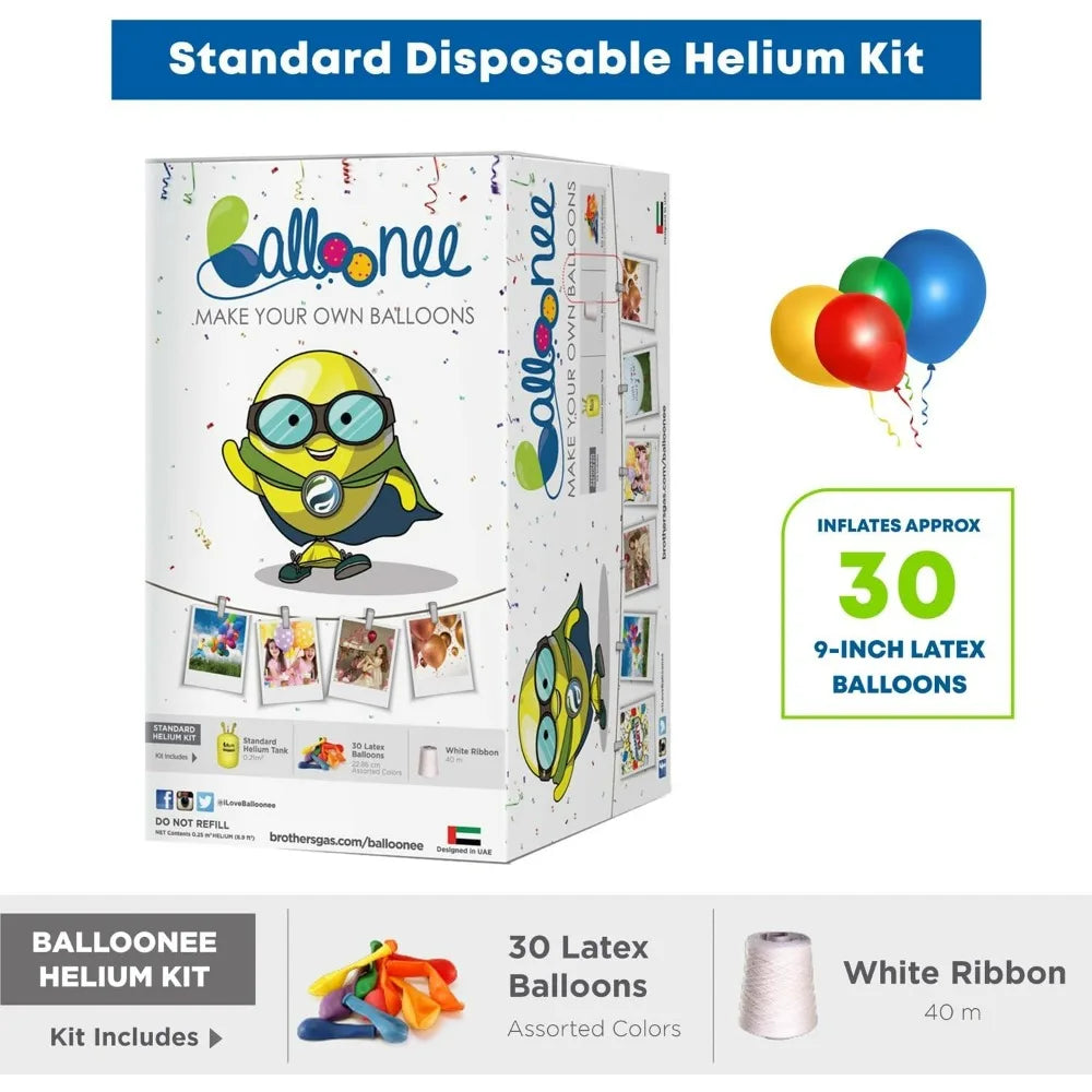 Balloonee Standard Disposable Helium Tank 7.5 Cu Ft - 30 Assorted Latex Balloons Pump Kit for Home Birthday Party Celebrations