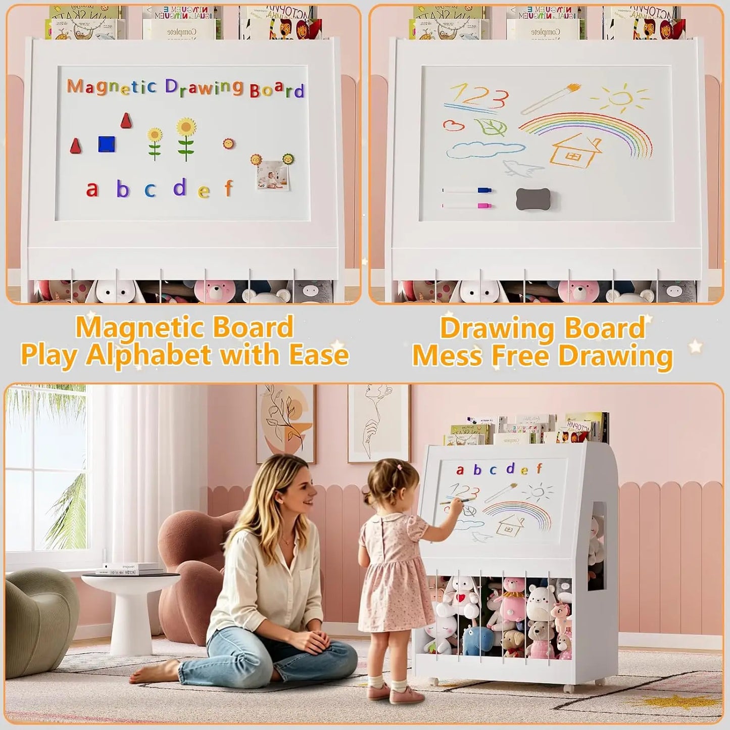 Kids Bookshelf, 3 Tier Montessori Bookcase with Magnetic Drawing Board & Stuffed Animal Storage, Toddler Toy Storage Box with 360° Rolling Wheels for Girls Boys Bedroom/Playroom/Living Room