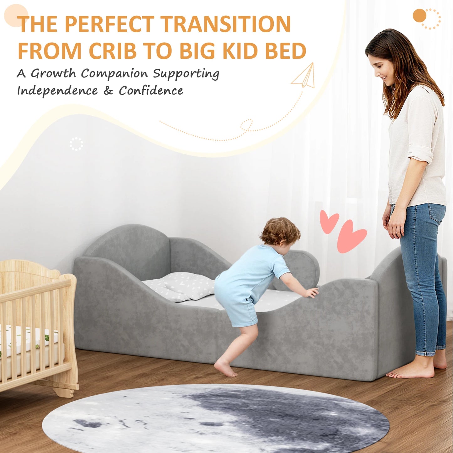 Toddler Bed, Certified Toddler Floor Bed with Removable Safety Rails, Kids Bed Frame, Standard Crib Size Ultra Soft Upholstered Kids Bed, Montessori Floor Beds for Girl Boy ( No Mattress)
