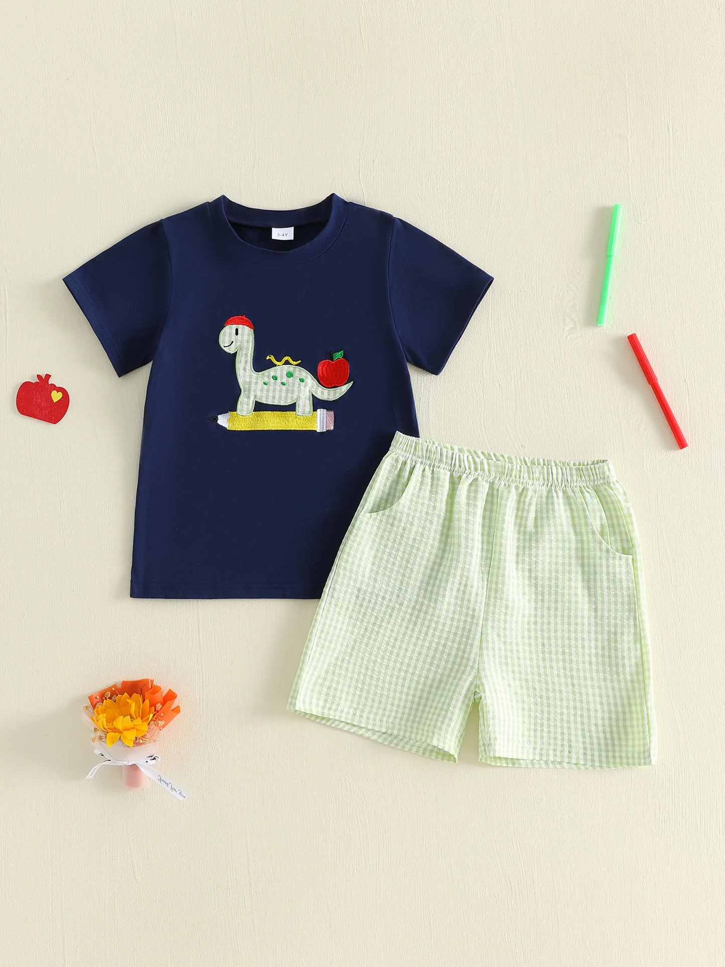 Toddler Boy s Back to School Outfit Set with Short Sleeve Dino Embroidery T-Shirt and Matching Shorts - Adorable Toddler