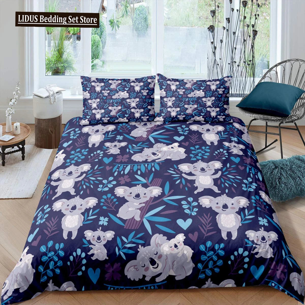 Koala Duvet Cover Set Children Cute Animal Print Bedding Set,Boys Girls Rainbow Butterfly Comforter Cover Floral Flowers Bed Set