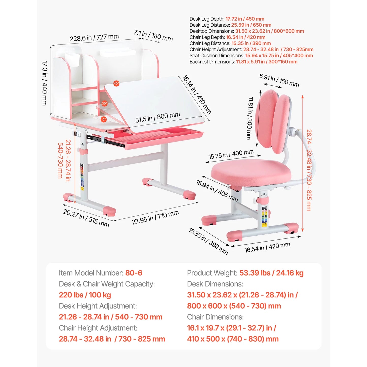 Kids Study Chair and Desk Set Study Desk and Chair for Kids with Table Lamp Adjustable Height  for Bedroom & Study Room