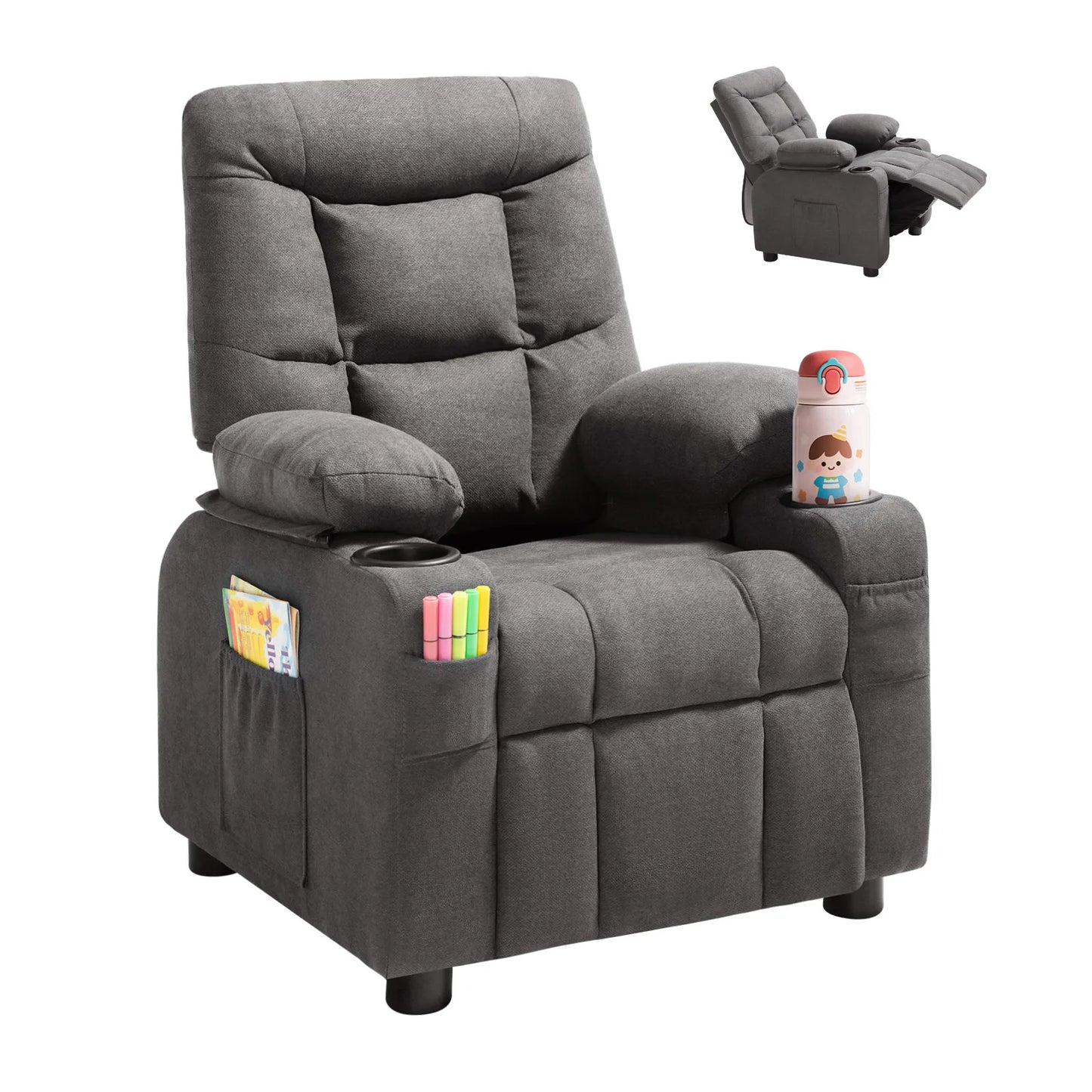 Kids Reclining Chair Toddler Recliner with Cup Holders and Pockets 107° to 126° Adjustable Backrest for Boys & Girls