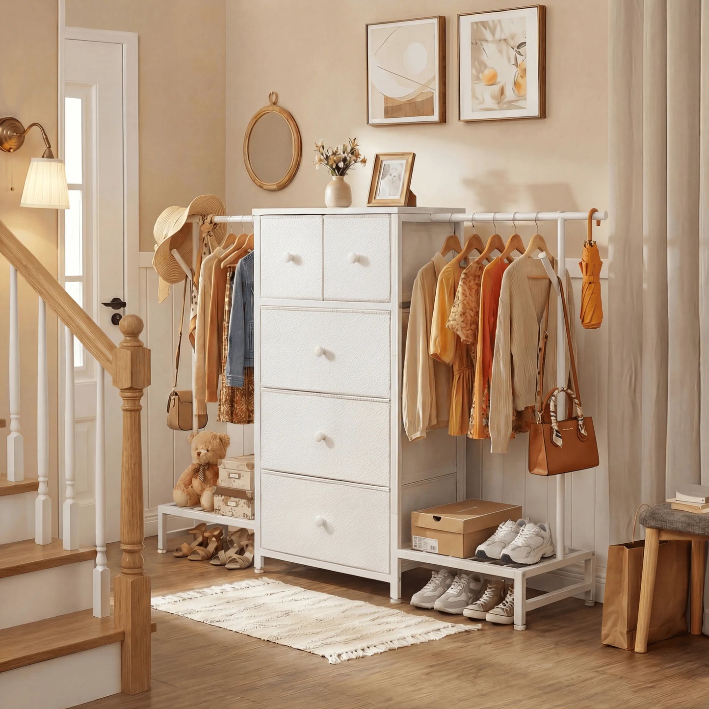 3-in-1 Dresser & Hanging Rack – 57.8" Wide with 5 Drawers & Shoe Rack, Side Hooks for Bedroom Storage and Walk-in closet