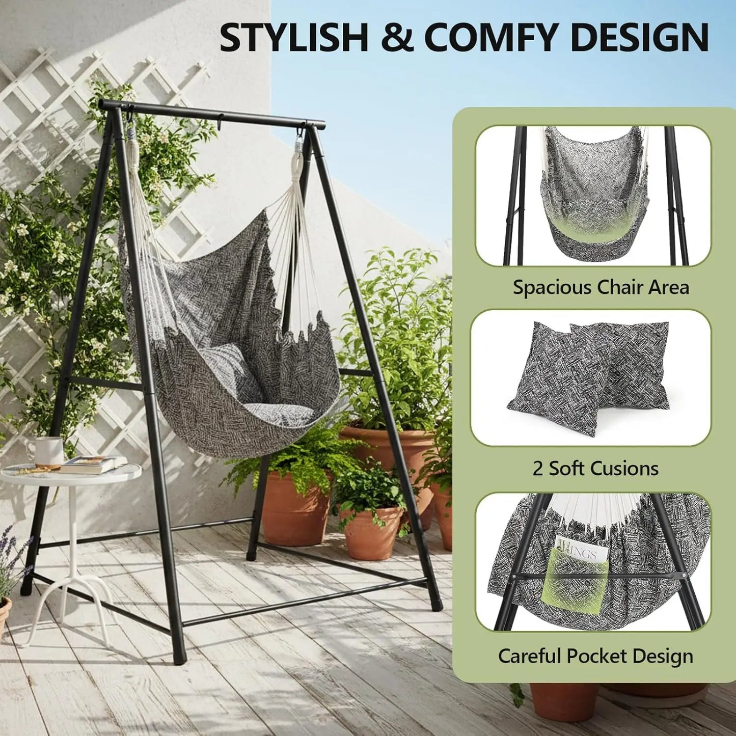 Portable 112x113x180cm Steel Hammock Chair Stand with Swing Seat for Indoor Bedroom Patio Balcony Garden, Customized