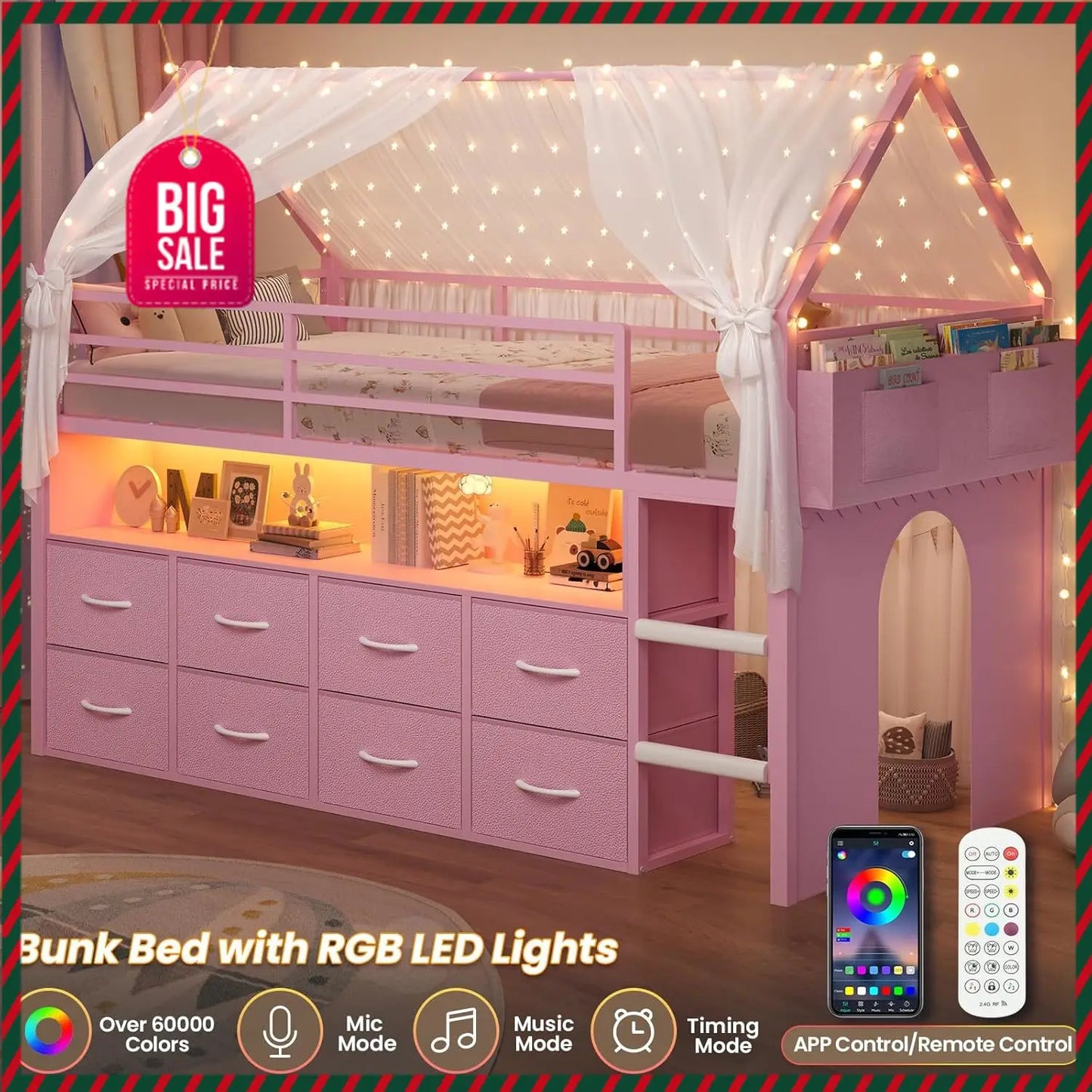 Twin Size Loft Bed for Kids, 8 Storage Drawers & LED Lights, House Shaped Metal Bed with Bookcase, Soft Foam Ladder, 13.4