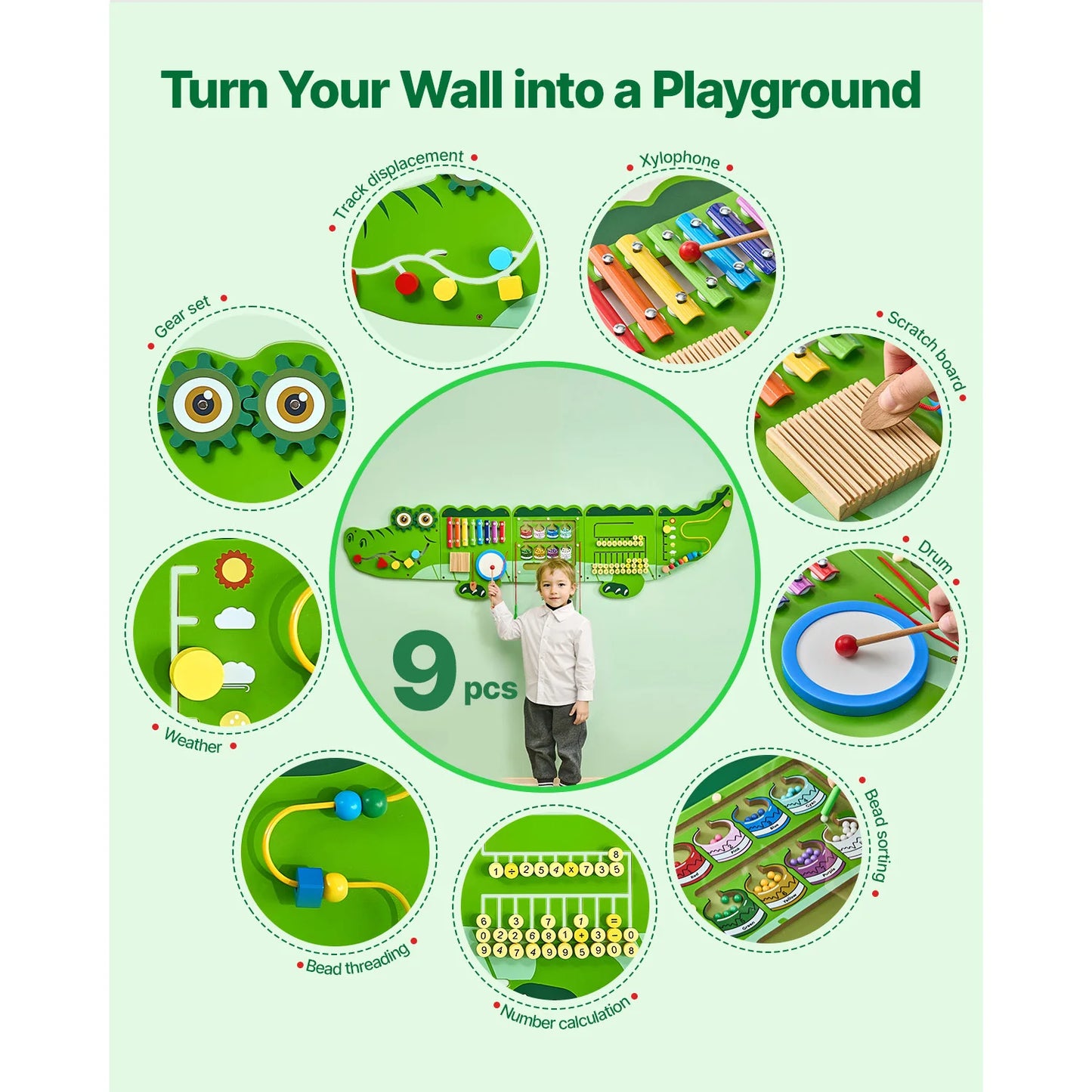 9-Activities Crocodile Kids Busy Hanging Board Toy Montessori Early Learning Puzzle Decor Panels Toys for Children Gift
