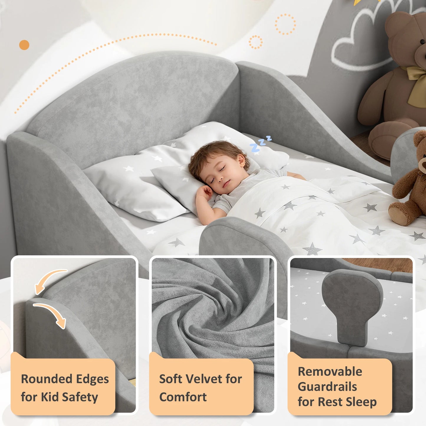 Toddler Bed, Certified Toddler Floor Bed with Removable Safety Rails, Kids Bed Frame, Standard Crib Size Ultra Soft Upholstered Kids Bed, Montessori Floor Beds for Girl Boy ( No Mattress)