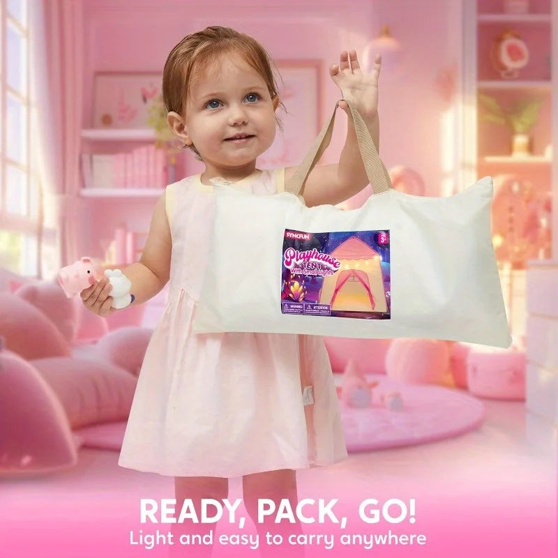 Pink Princess Tent for Girls with LED Star Lights Large Playhouse Kids Castle Play Tent for Children Indoor Outdoor Games