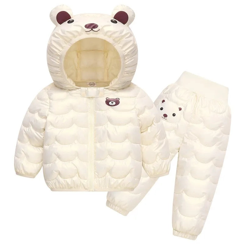 Winter Warm Girls Clothing Set New Baby Boys Cartoon Bear Hooded Waterproof Down Jacket Pants 2Pc Outfits Children Snowsuit Coat