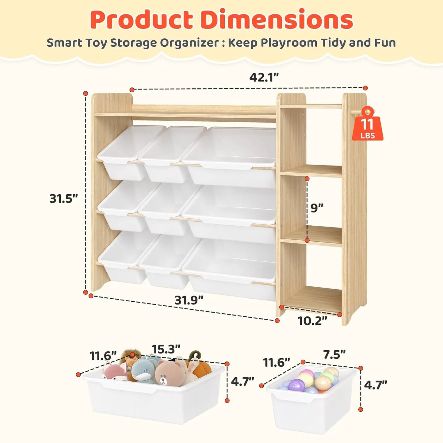 Toy Storage Organizer with Bookshelf, Kids Toy Storage and Organizers with 3 Shelves/9 Bins/3 Hooks, Bin Shelf, Toy, Customized