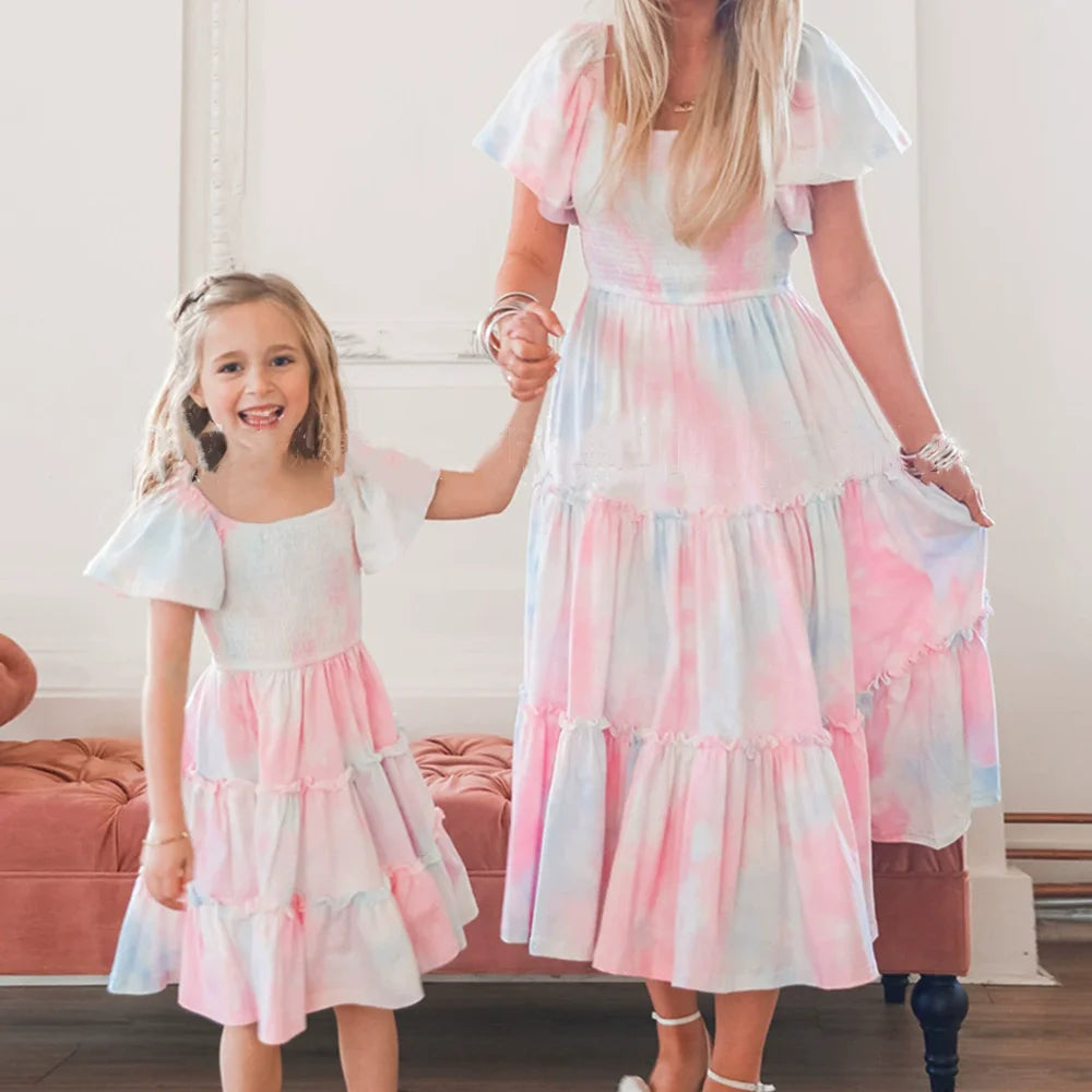 Vintage Mother Daughter Dress Vestidos Family Matching Outfits Children Dress Beach Casual Women Dresses Summer Girls Clothing