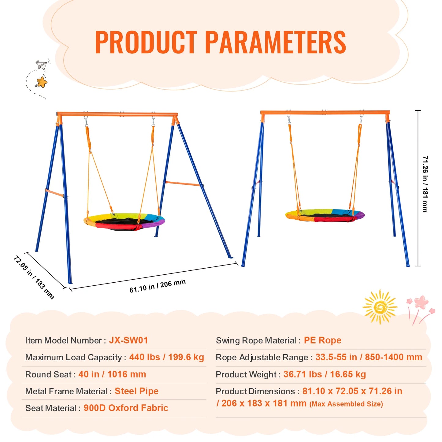 Swing Sets for Backyard 600lbs Capacity Swing Set with 1 Saucer Swing Seat 2 Belt Swing Seats Swingset Outdoor for Kids