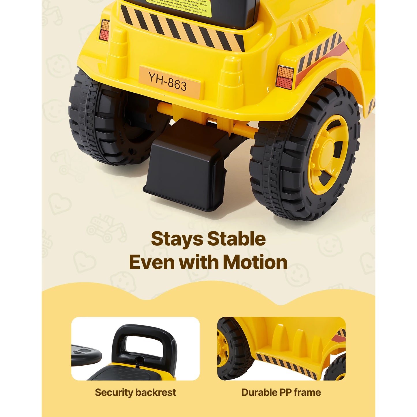 SucceBuy Excavator Digger Toy Ride On Toddler Car with Helmet & Music Foot-to-Floor Walker for Kids Children Birthday Gifts