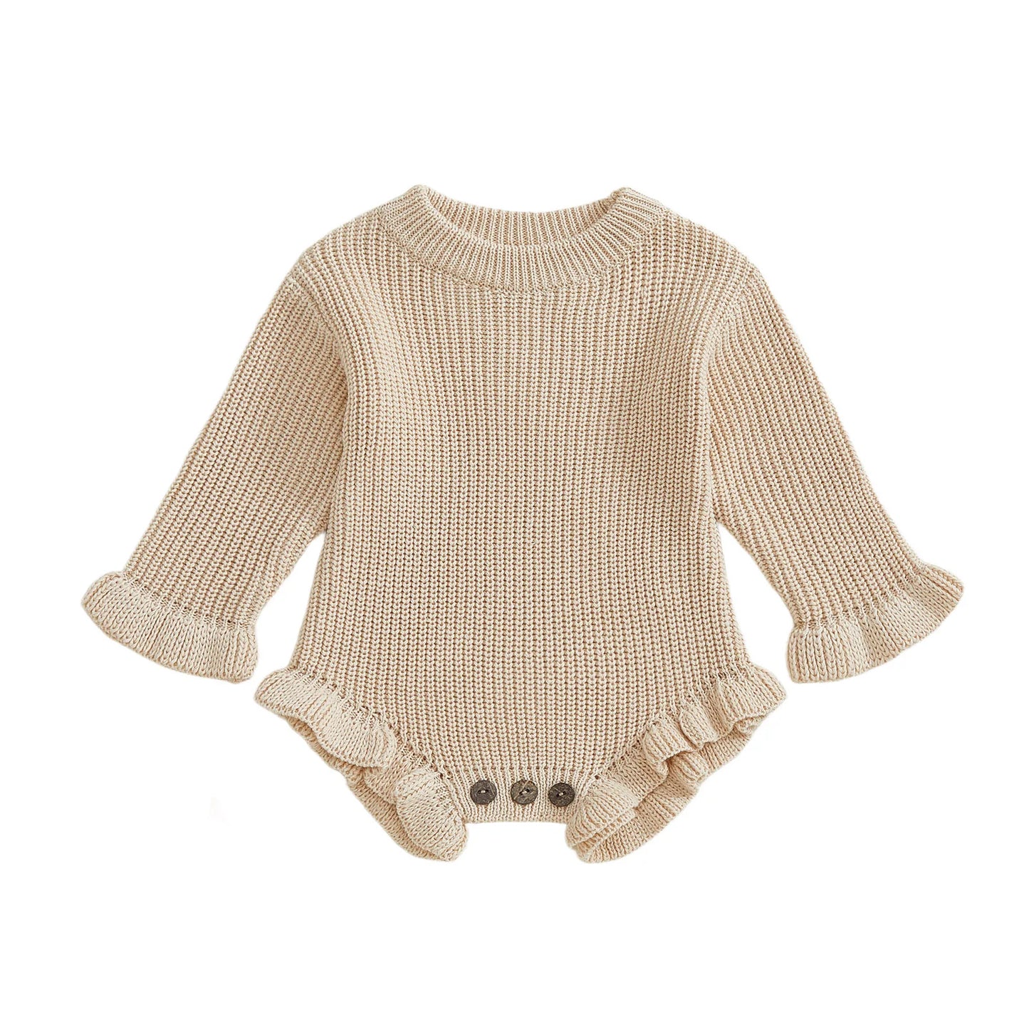 Suefunskry Newborn Baby Fall Winter Knitted Sweater Romper Solid Color Long Sleeve Round Neck Ruffled Sweater Jumpsuit
