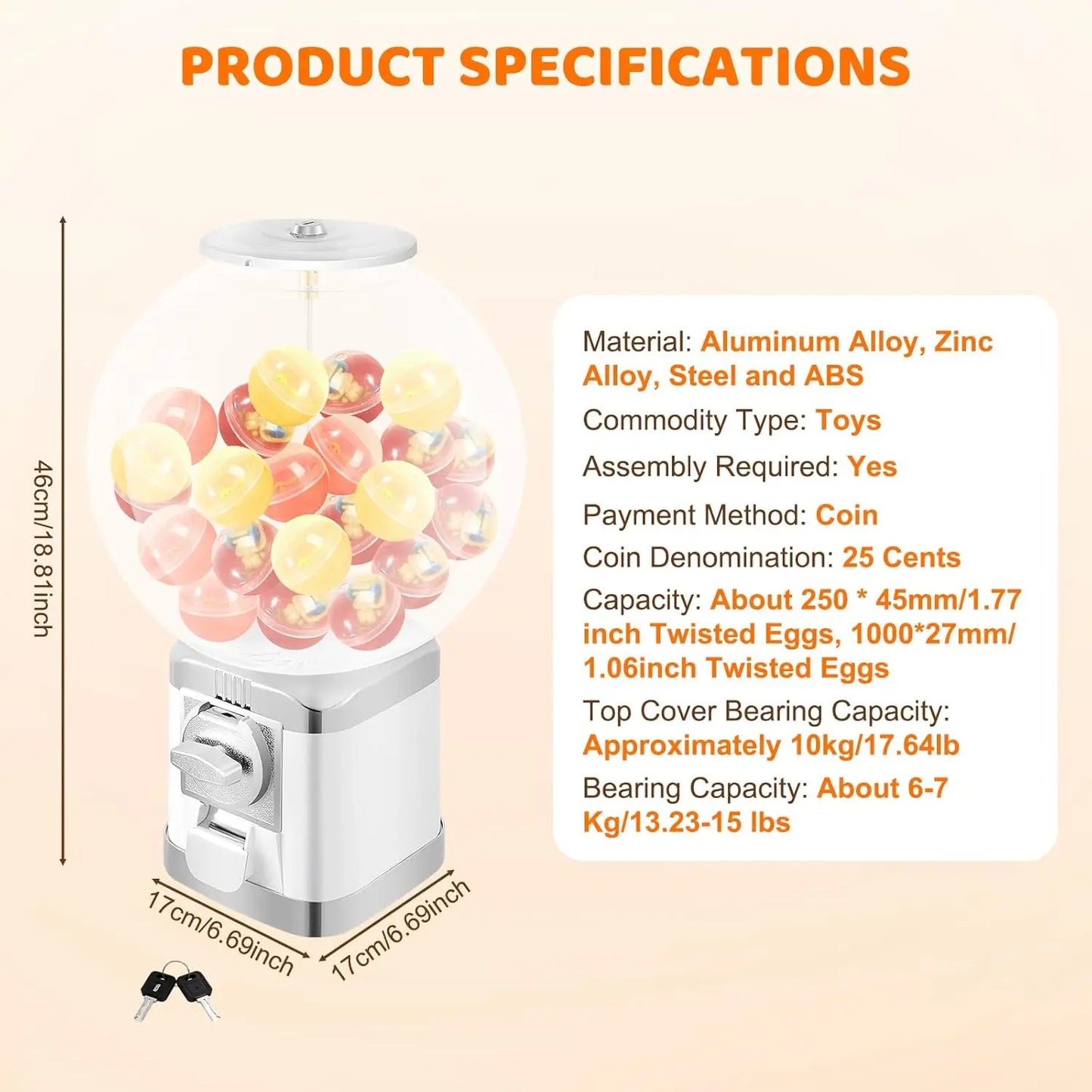 Vending Machine, 19.68" Twister Ball Dispenser Machine Bubble Gumball Machine Large Capacity Toy Vending Machine, Lockable Spherical Freestanding for 1.26" Ball, 1 Dollar Coin, Candy (White)