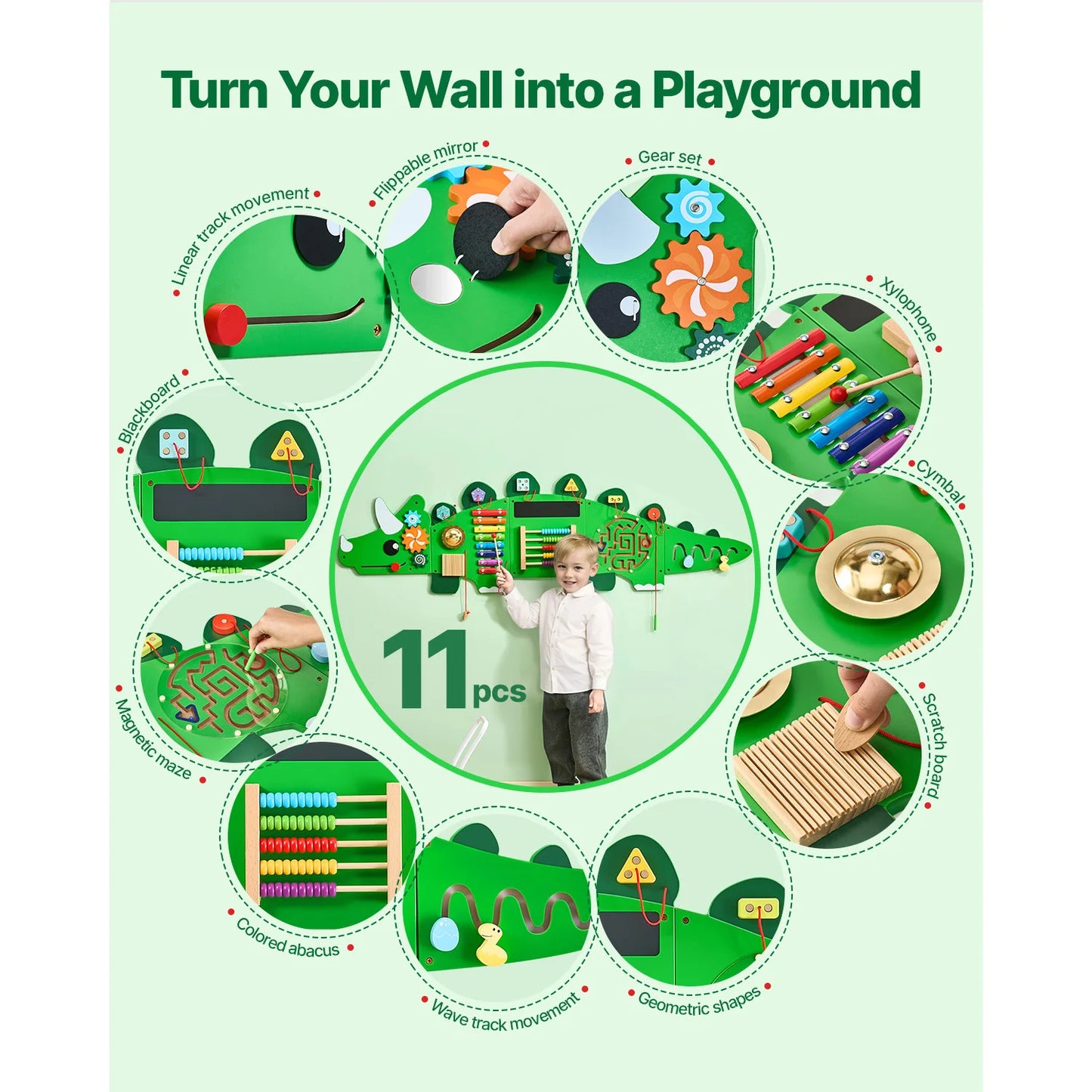 Dinosaur Kids Busy Wall Board 11 Activity Panels Montessori Sensory Learning Toys for Toddler Playroom Toy Gift