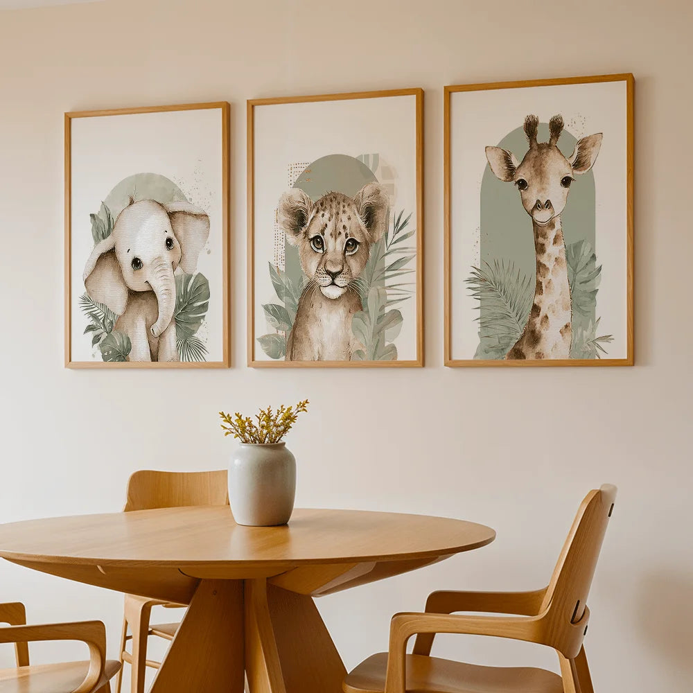 3pcs/set Retro Elephant Lion and Giraffe Animal Canvas Printing Sage Green Jungle Wall Art Poster for Modern Nursery Home Decor
