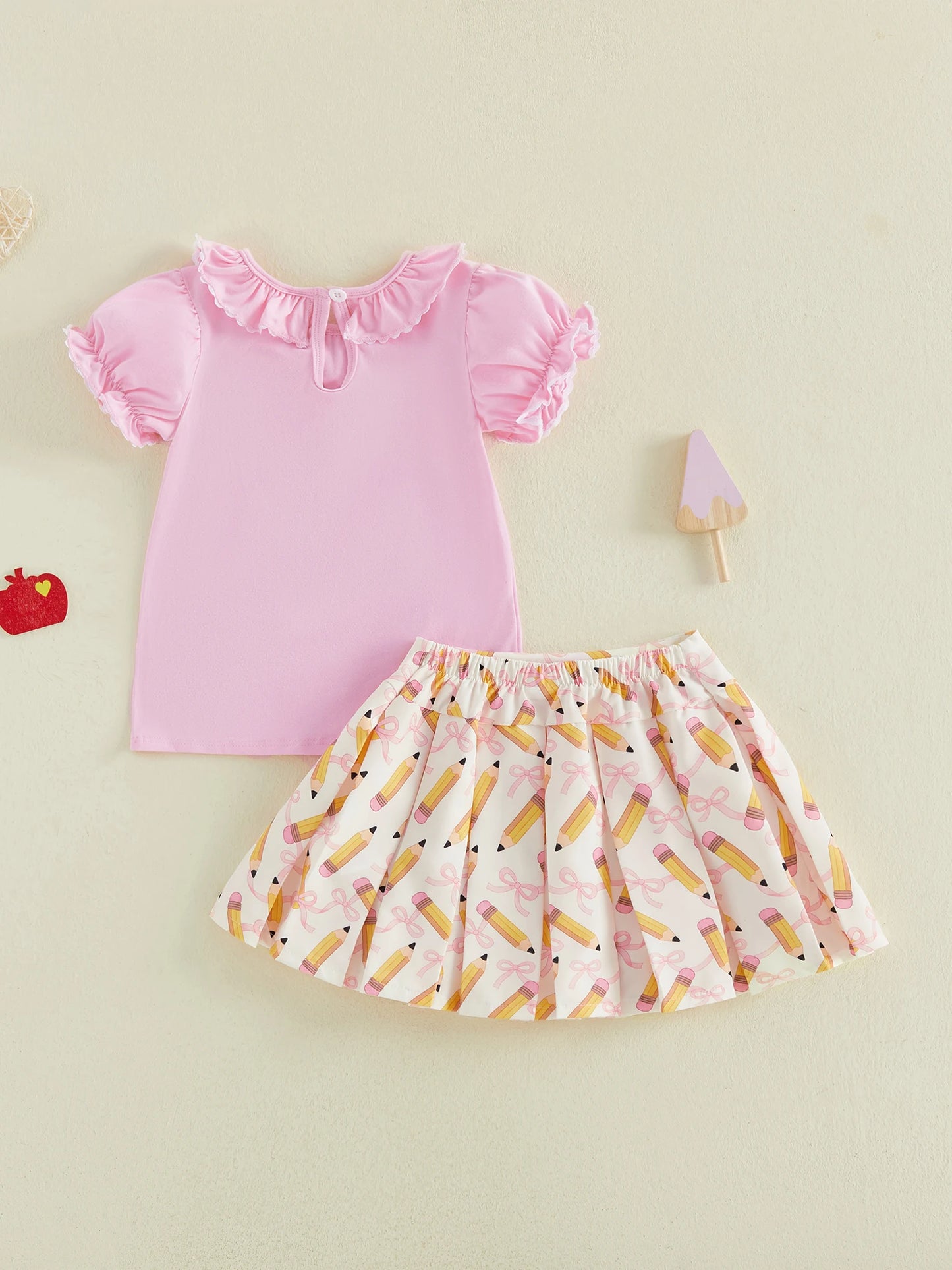 Girls Back to School Outfit Floral Print Ruffle Sleeve Blouse Denim Skirt 2 Piece Set with Bow Detail
