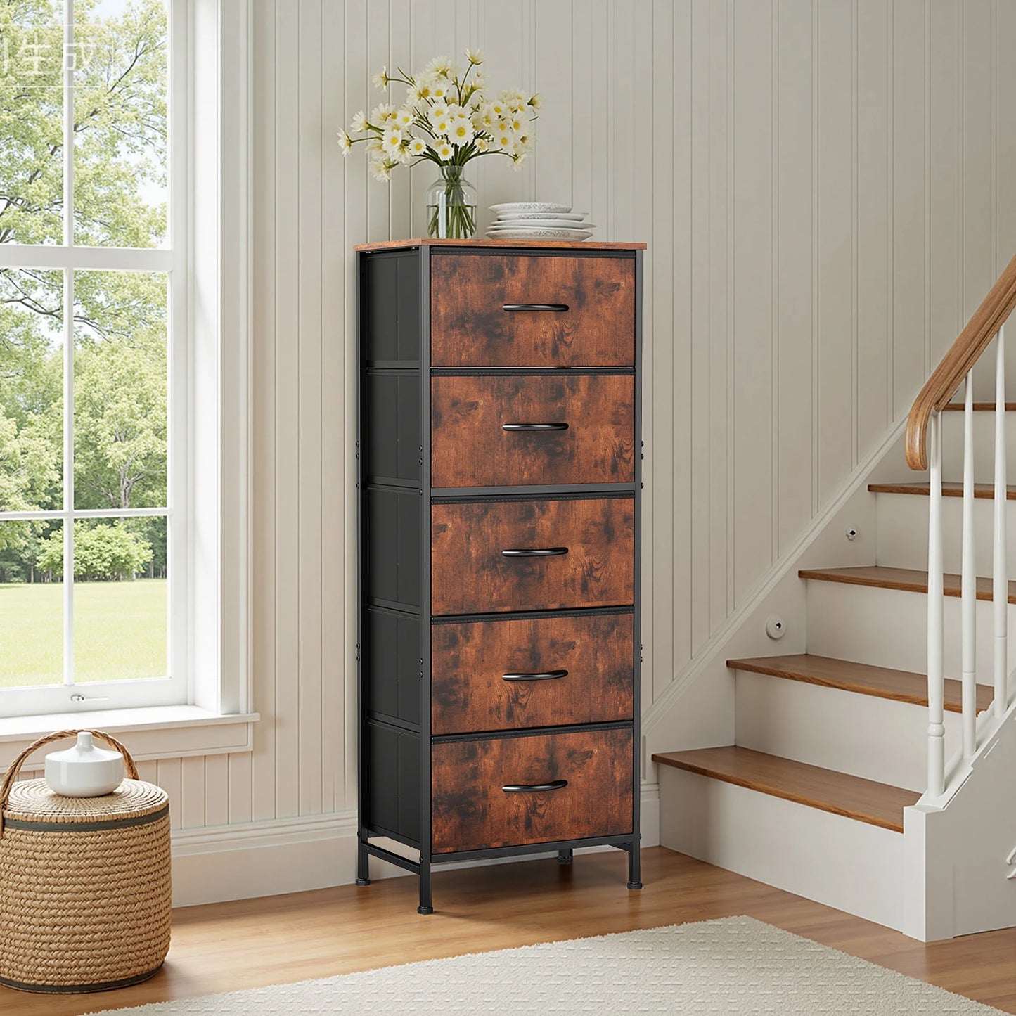 48IN Dresser For Bedroom With 5 Fabric Drawers Nightstand Wardrobe Steel Frame Closet For Clothes Storage Cabinet Furniture