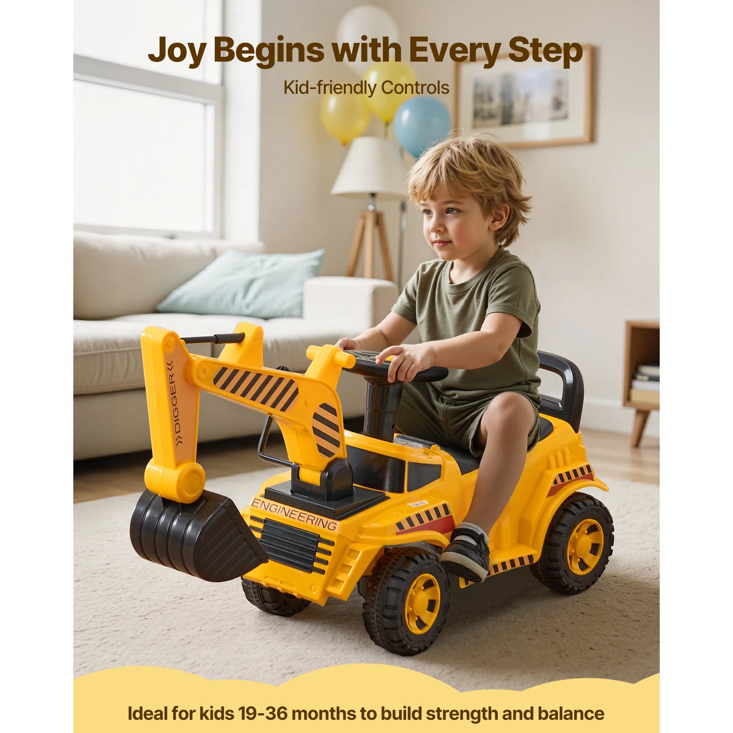 SucceBuy Excavator Digger Toy Ride On Toddler Car with Helmet & Music Foot-to-Floor Walker for Kids Children Birthday Gifts