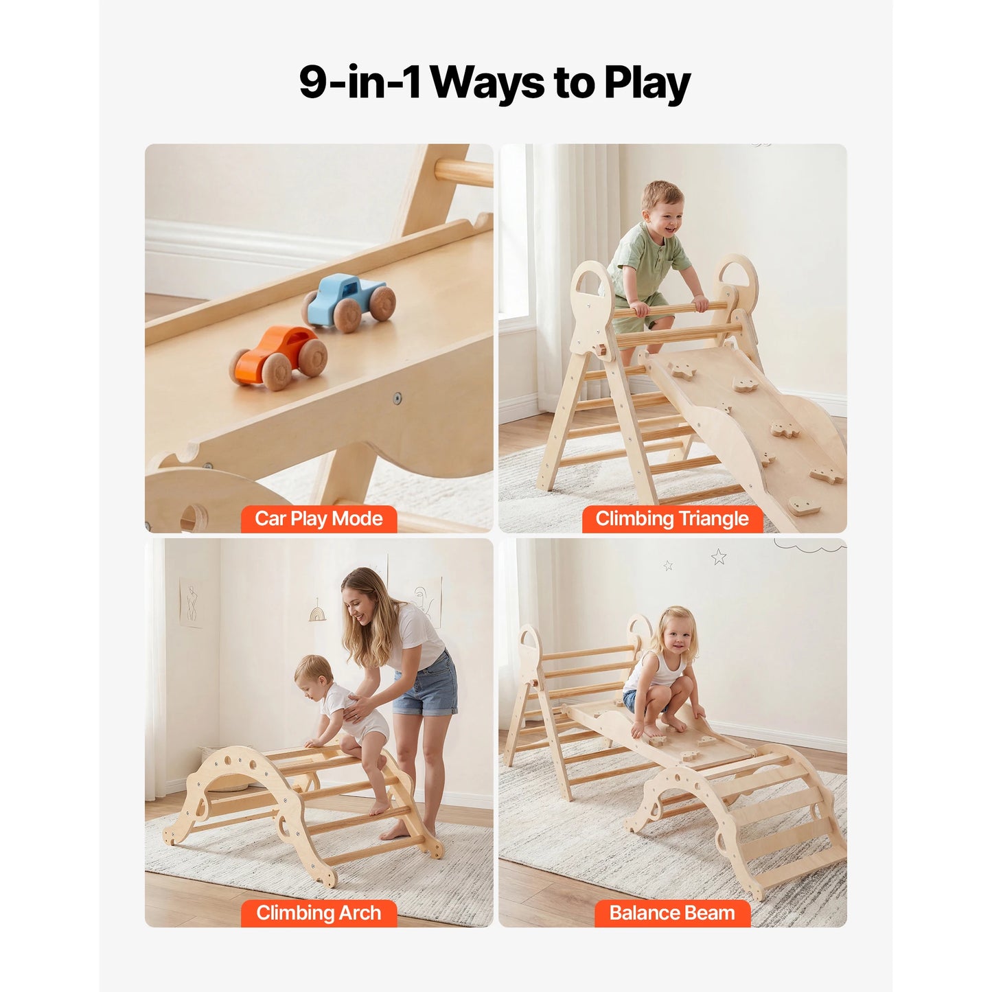 SucceBuy 150 lbs Pikler Triangle Set 9-in-1 Toddler Climbing Toys Indoor with Cushion Triangle Arch and Ramp for Toddlers Kids