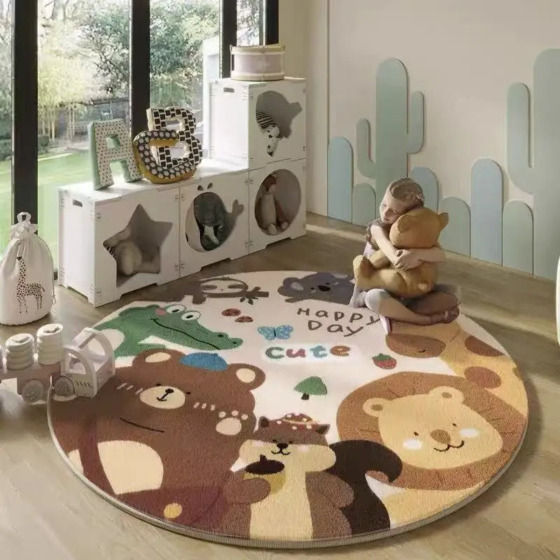 Lion Pattern Carpets for Living Room Fluffy Soft Children Mat Thick Plush Bedside Rug Cartoon Style Bedroom Decor Round Carpet