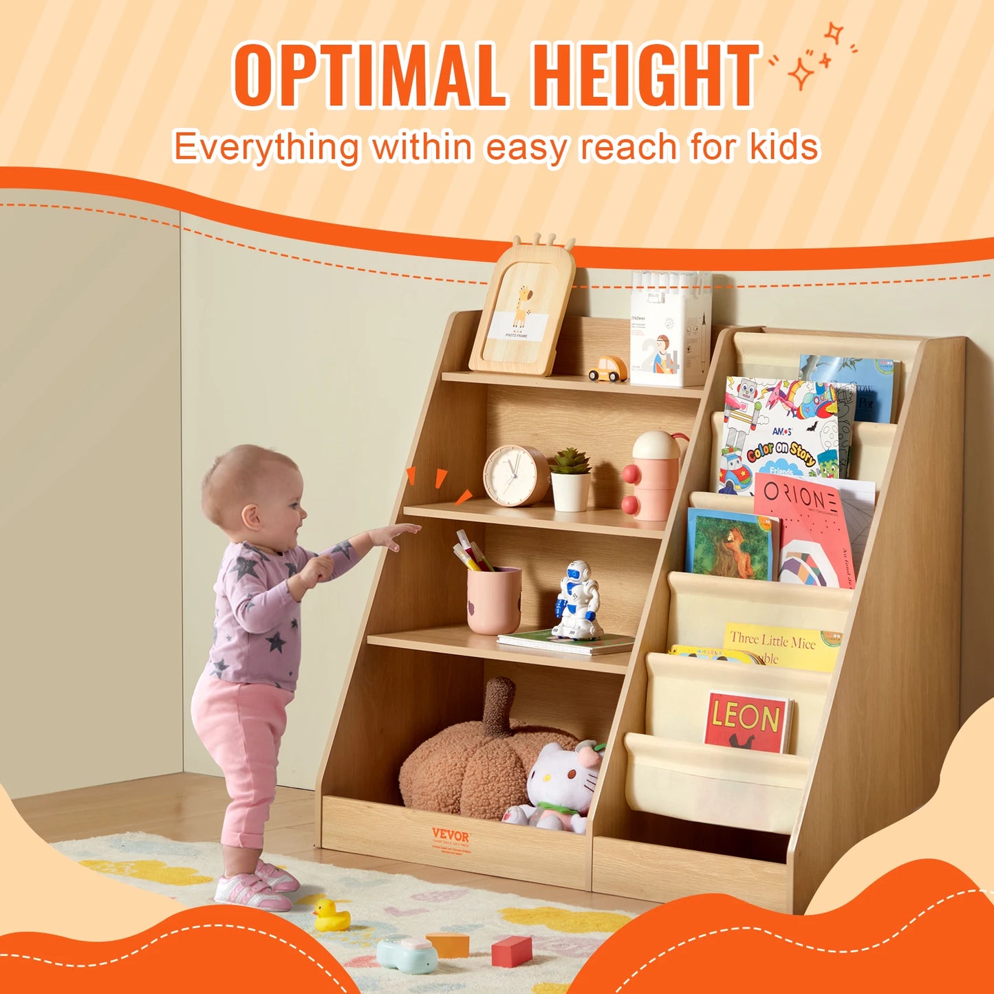 4-Tier Kids Wooden Bookshelf Six-Layer Sling Bookcase  Storage Book Rack for Kids Room Playroom Kindergarten Nursery