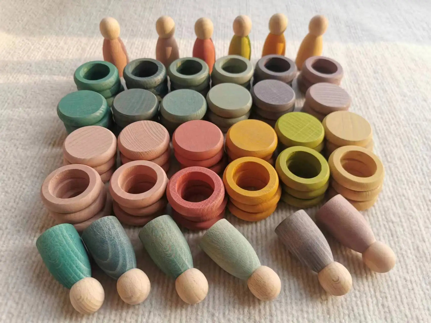 Kids Wooden Toys Beech Rainbow Coins and Rings Stacking Blocks with Peg Dolls Loose Parts