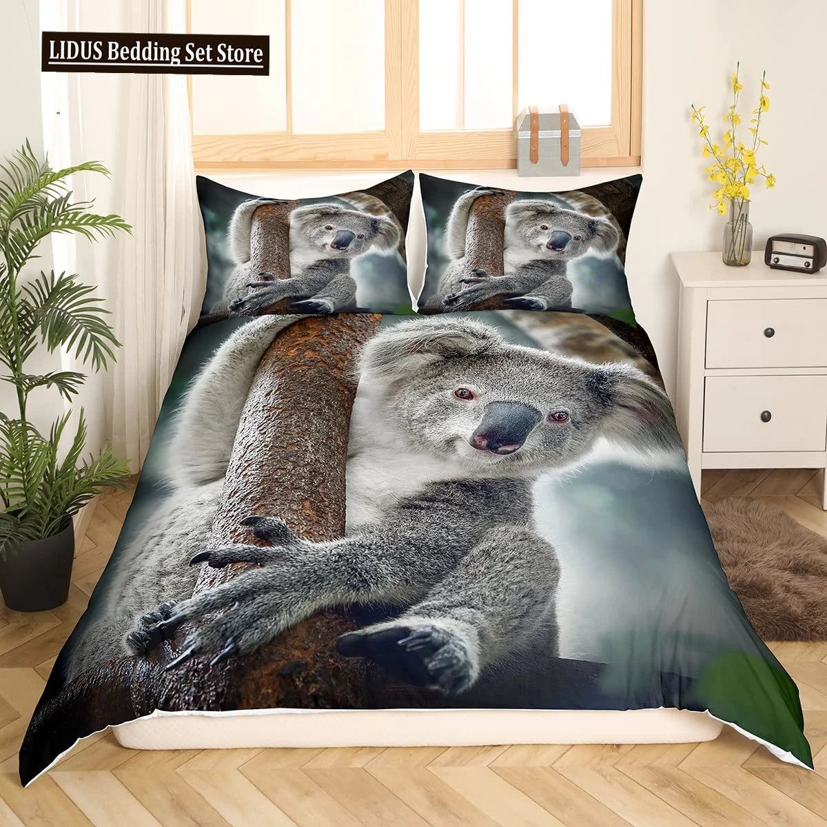 Koala Duvet Cover Set Children Cute Animal Print Bedding Set,Boys Girls Rainbow Butterfly Comforter Cover Floral Flowers Bed Set