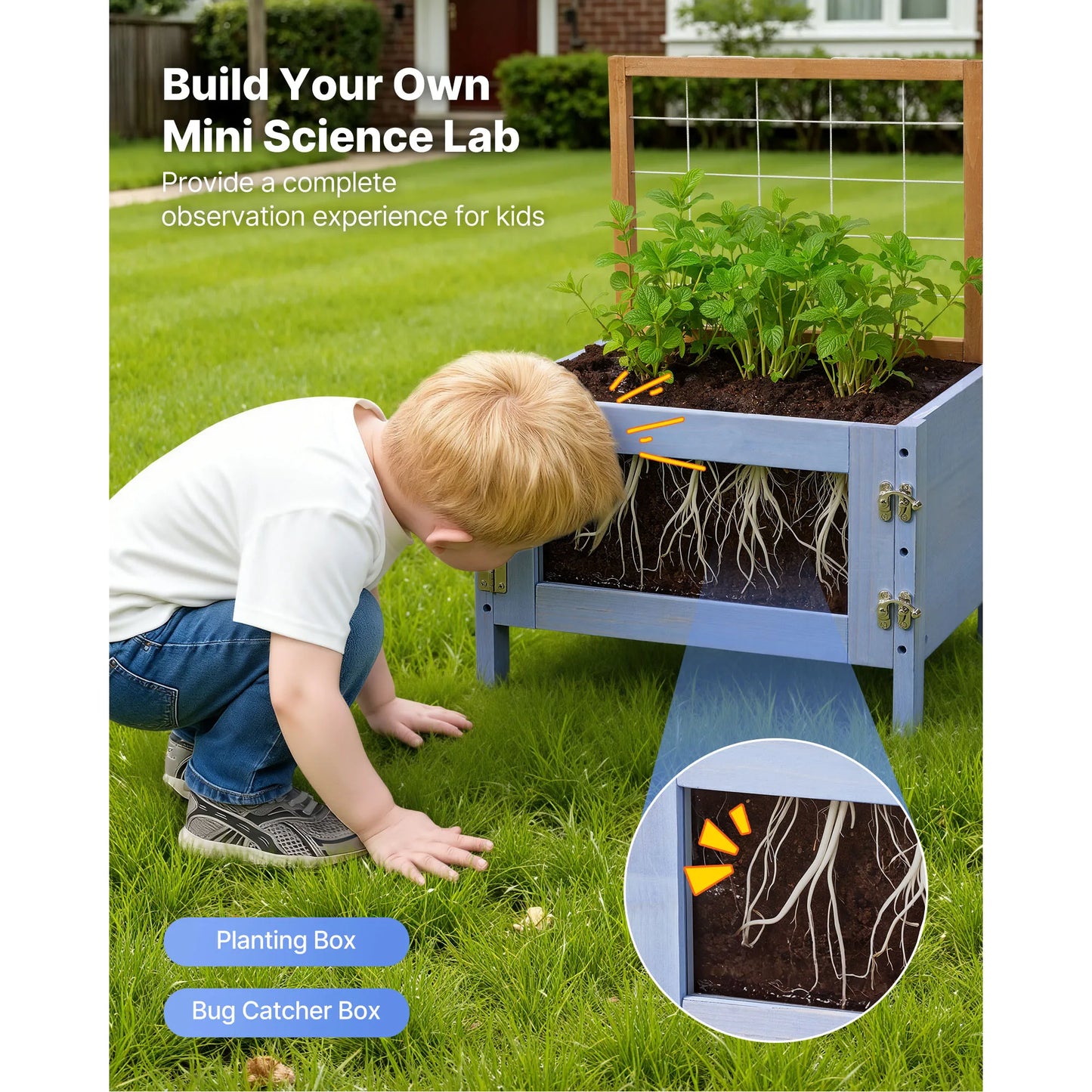 Mud Kitchen Wood Play Kitchens with Planting Box Critter Catcher Container Sink Cookware Pots and Accessories for Yard