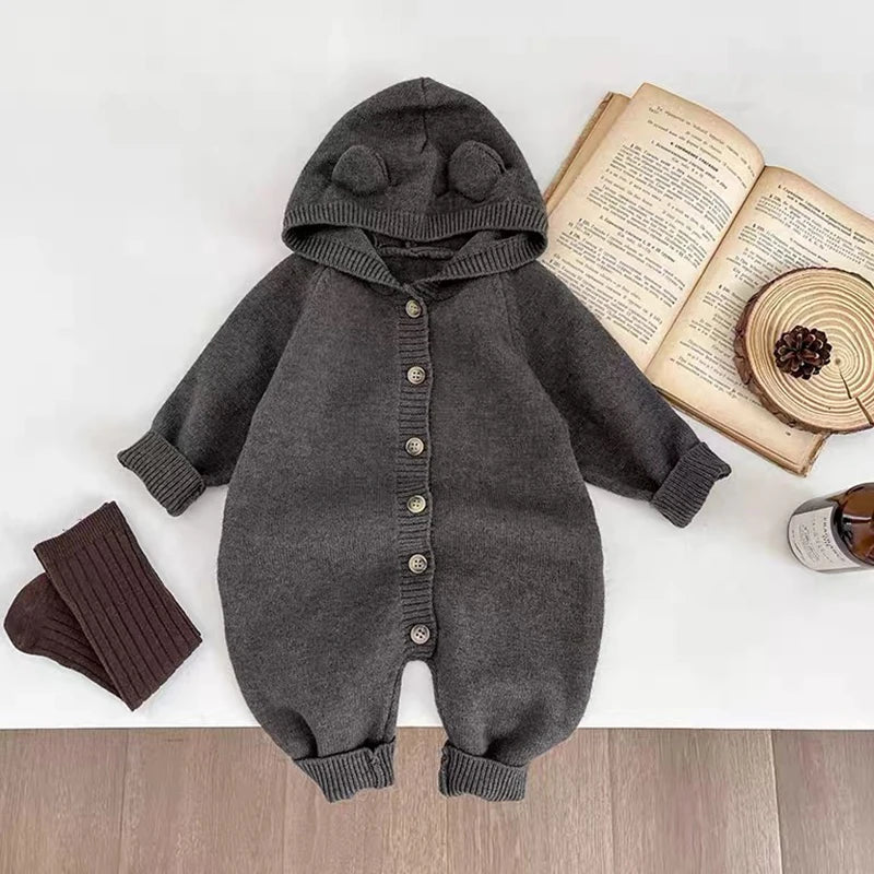 New Autumn Baby Romper Knitted Newborn Girls Jumpsuit Outfit Hooded Toddler Children Clothing Cartoon Bear Ears Knitted Clothing
