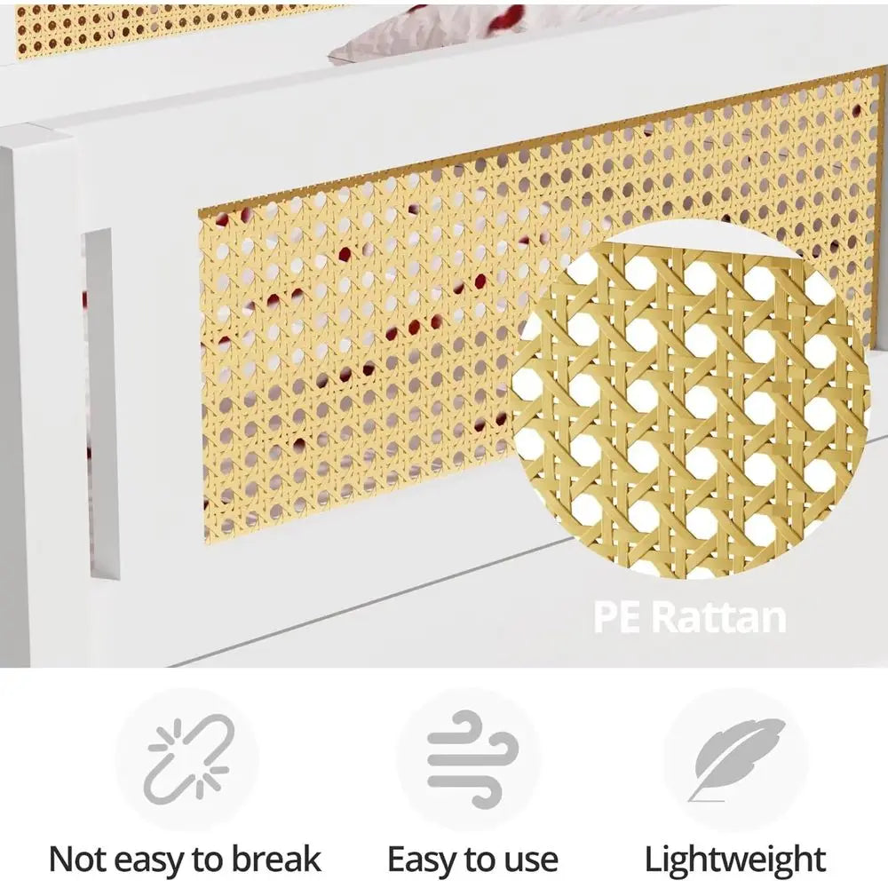 Twin Size Rattan High-End Platform Bed with Slats, Suitable for Children and Teens, White